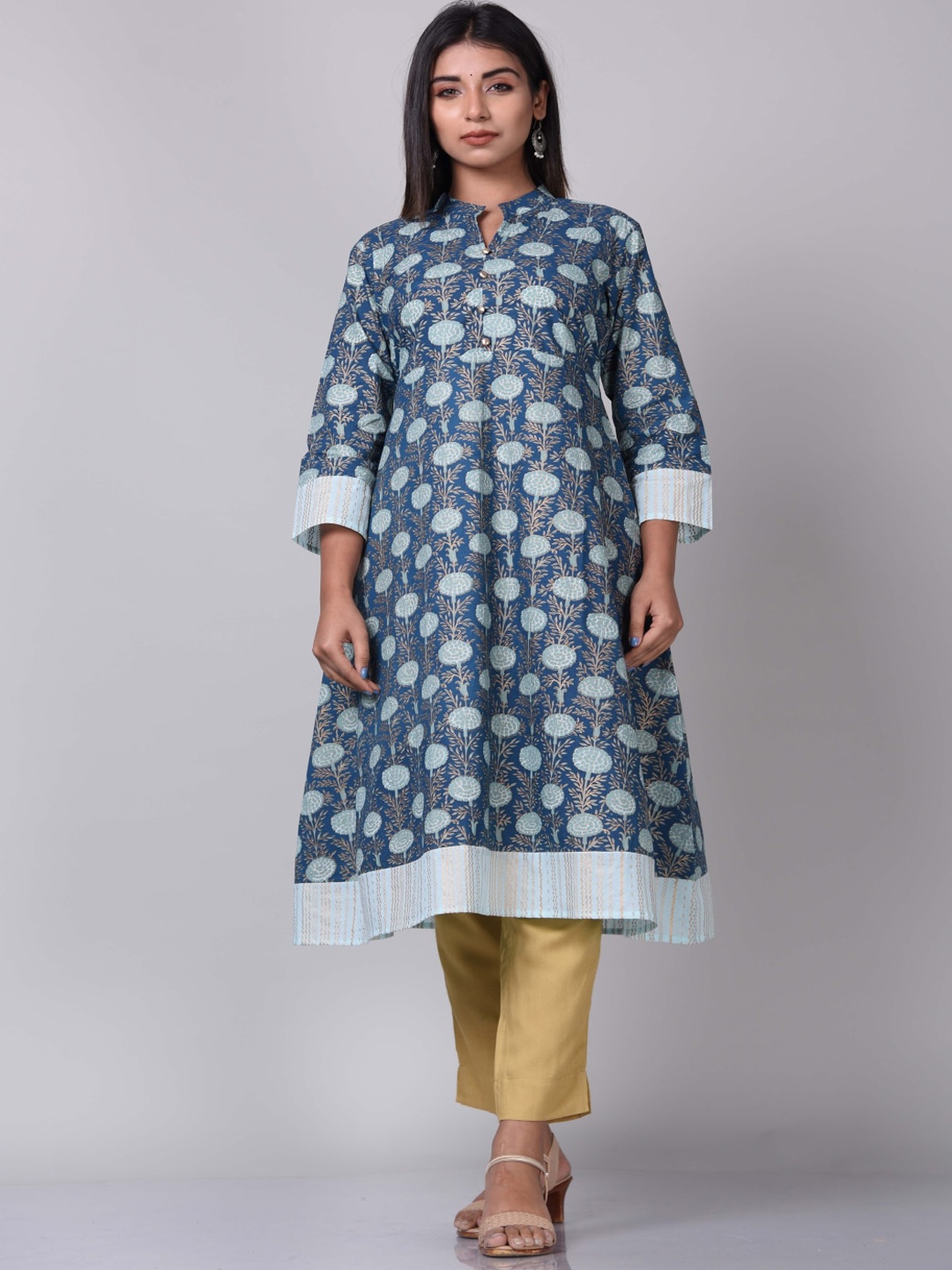 HERE&NOW Women Floral Printed Floral Cotton Kurta, Navy blue