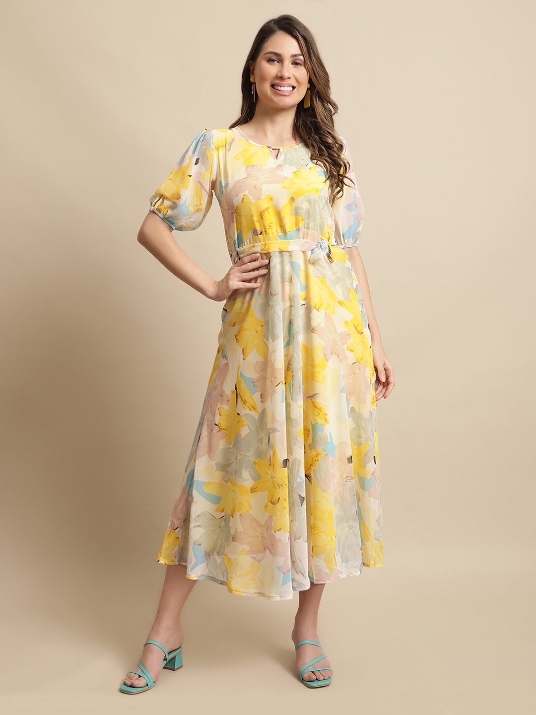 Fabflee Floral Georgette A-Line Midi Dress, Yellow