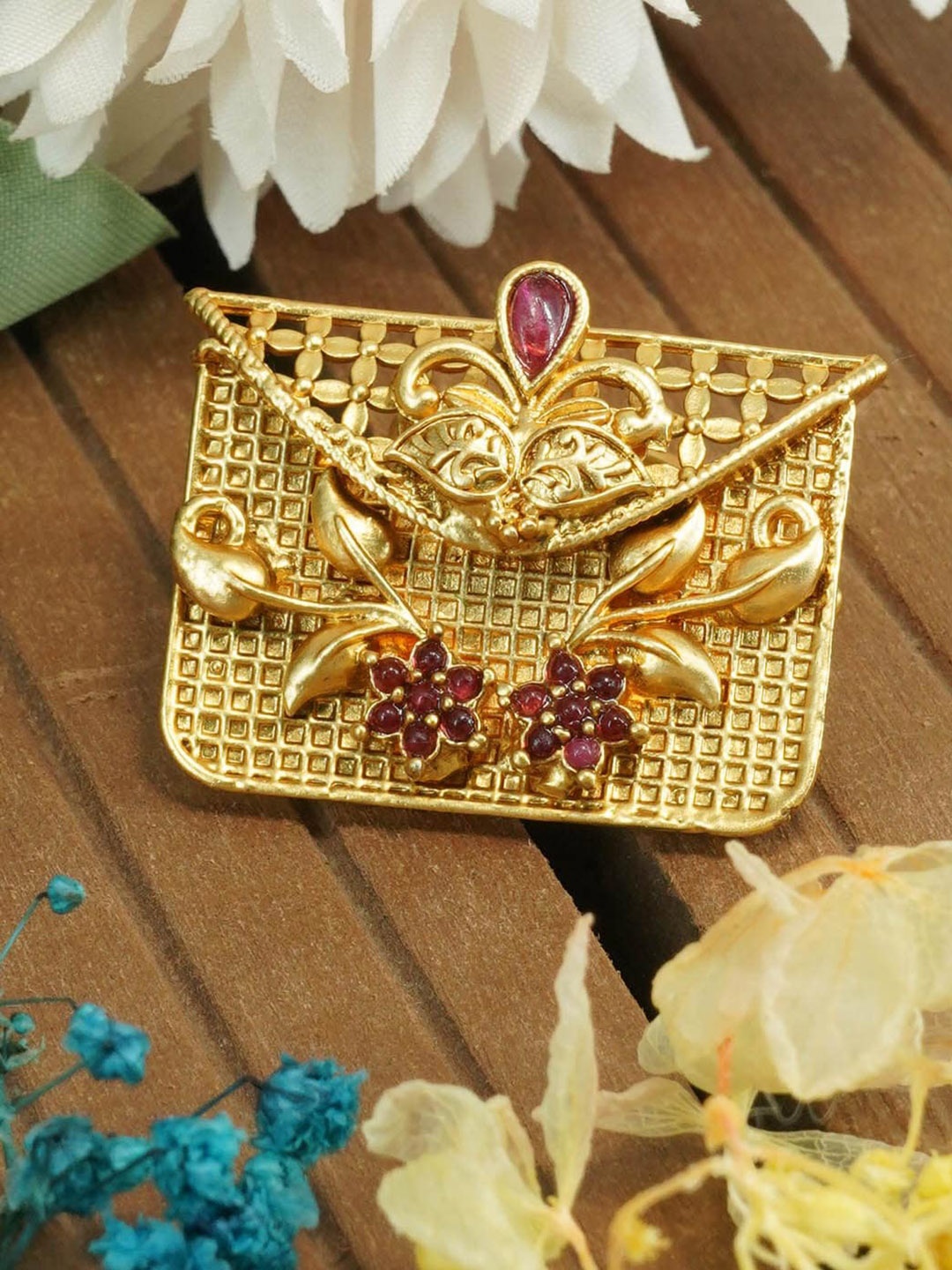 GRIIHAM Gold Plated AD Studded Adjustable Finger Ring, Red
