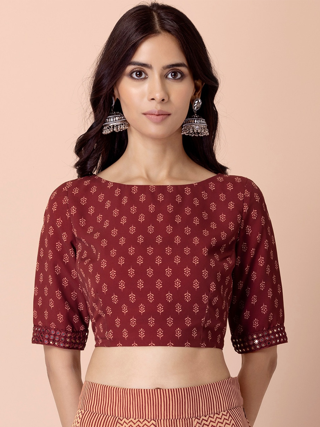 INDYA Print Georgette Crop Top, Maroon