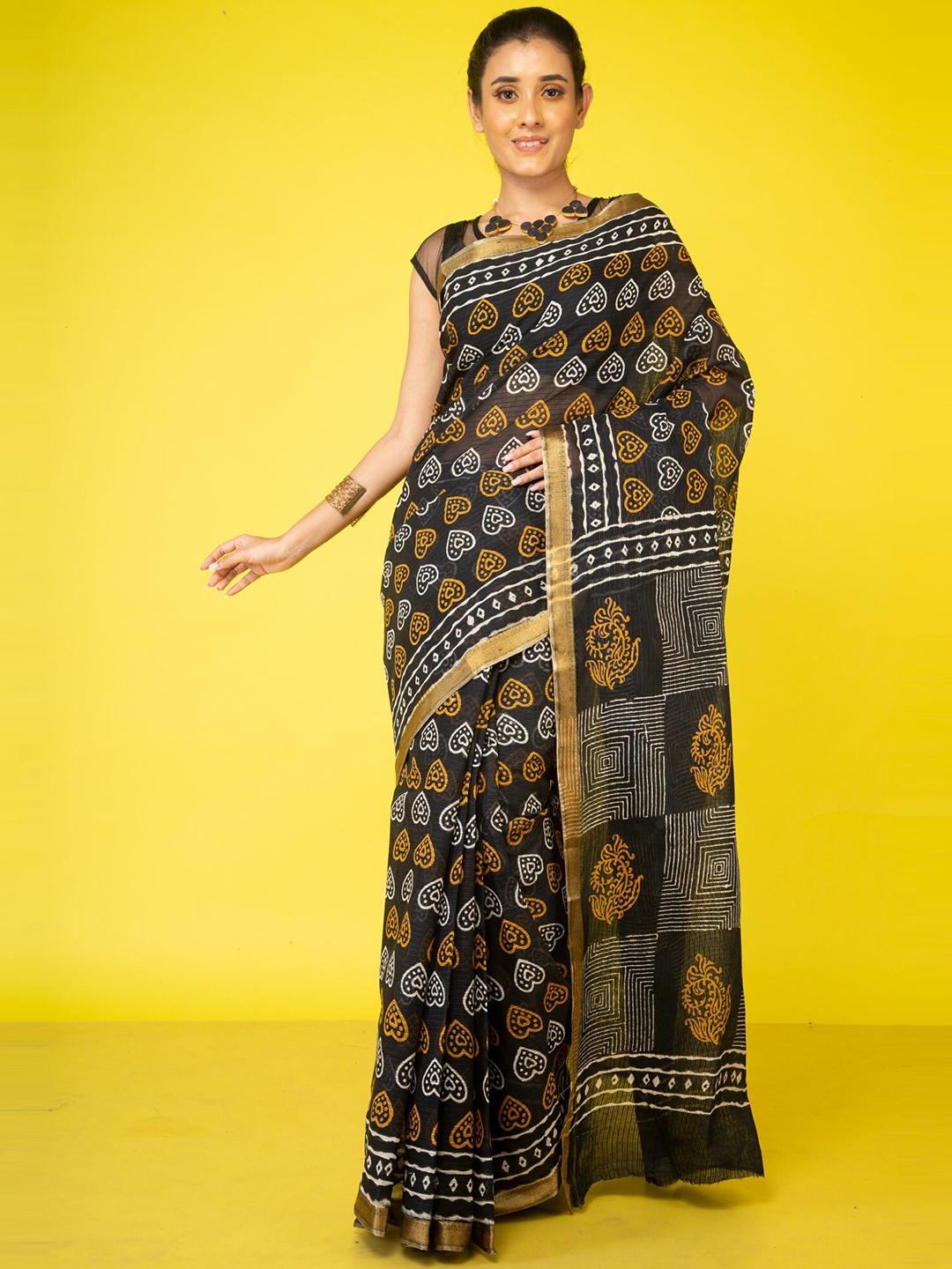 Unnati Silks Ethnic Motifs Printed Zari Pure Cotton Handloom Block Print Saree, Black
Unnati Silks Ethnic Motifs Printed Zari Pure Cotton Handloom Block Print Saree, Black