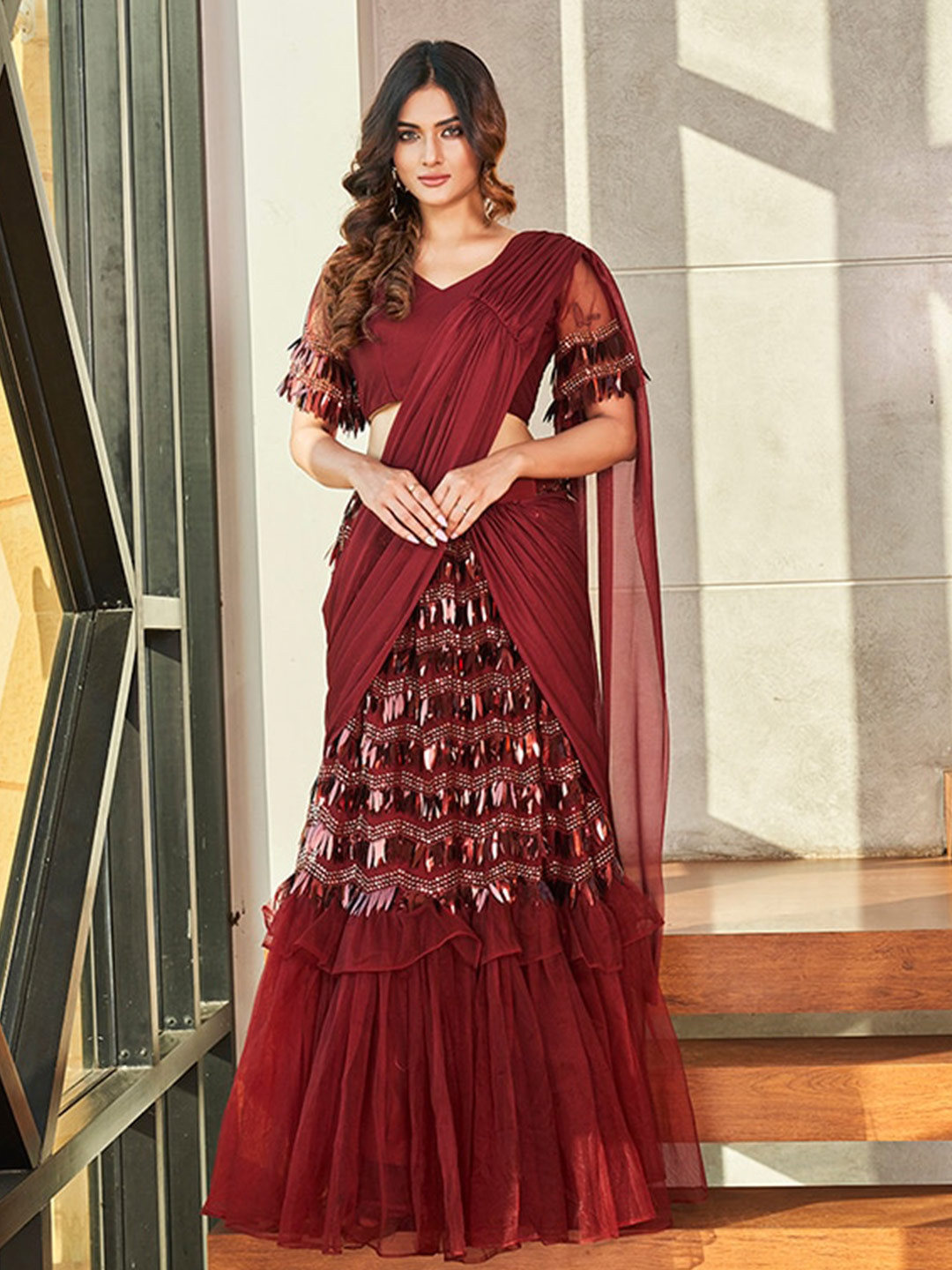 Tikhi Imli Maroon Embellished Ready To Wear Saree 
Tikhi Imli Maroon Embellished Ready To Wear Saree