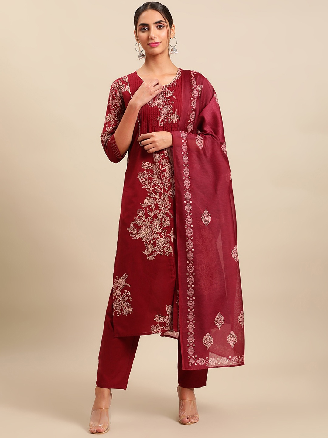 Sangria Women Printed Gotta Patti Pure Cotton Kurta with Trousers & Dupatta, Maroon
Sangria Women Printed Gotta Patti Pure Cotton Kurta with Trousers & Dupatta, Maroon