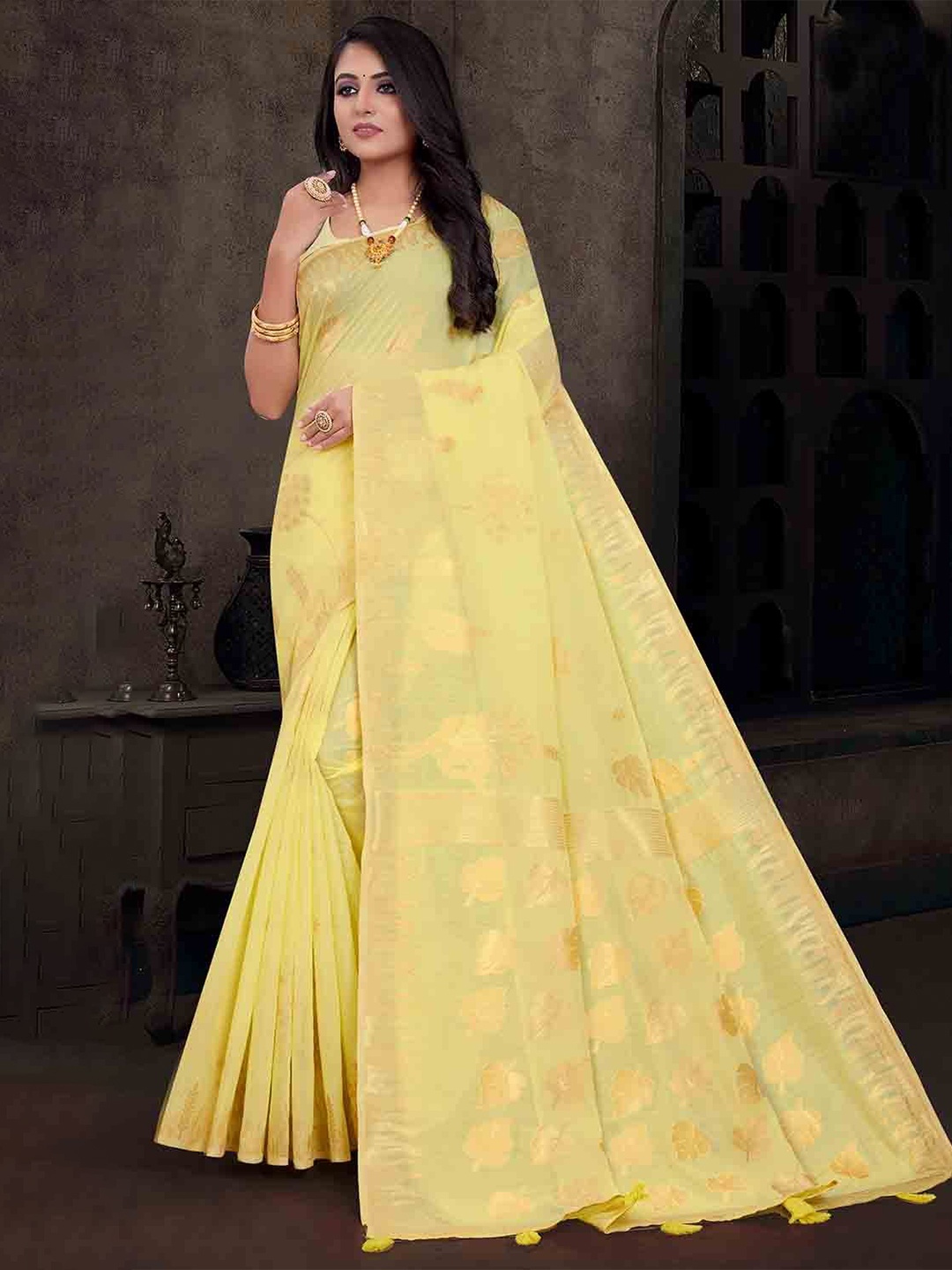 KARAGIRI Ethnic Motifs Zari Saree, Yellow