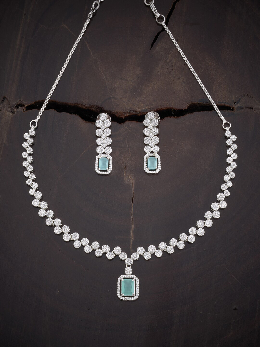 Kushal's Fashion Jewellery Rhodium-plated CZ-Studded Jewellery Set, Sea green 
Kushal's Fashion Jewellery Rhodium-plated CZ-Studded Jewellery Set, Sea green