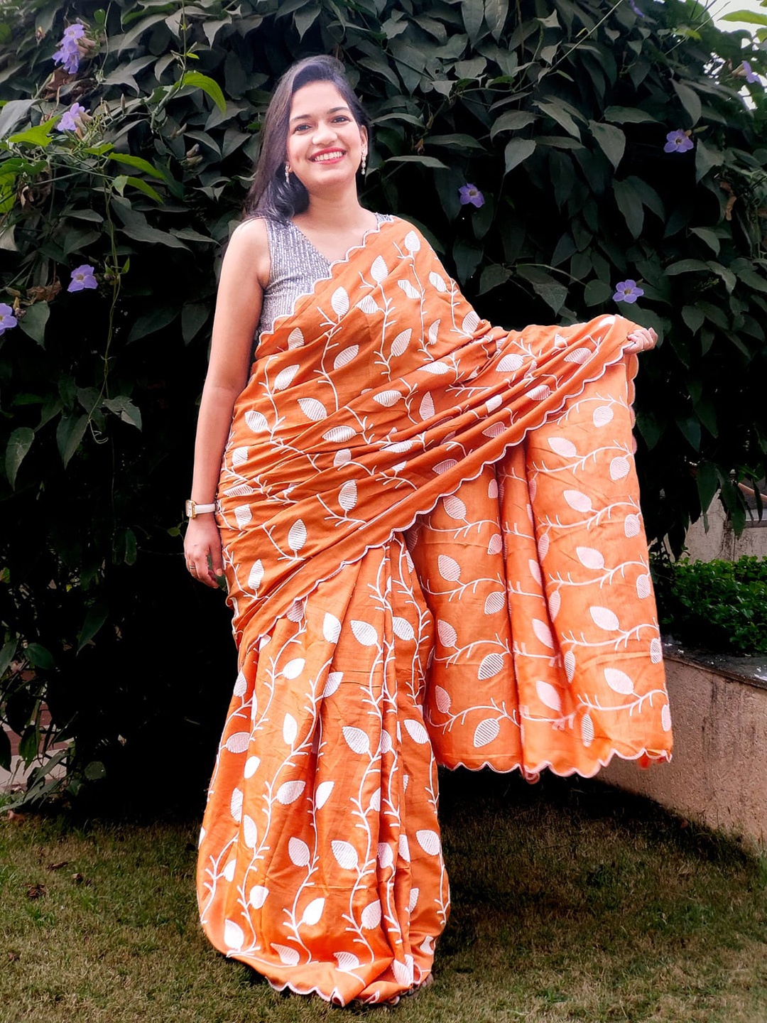 Apaapi Threads of glory Embroidered Art Silk Saree, Orange