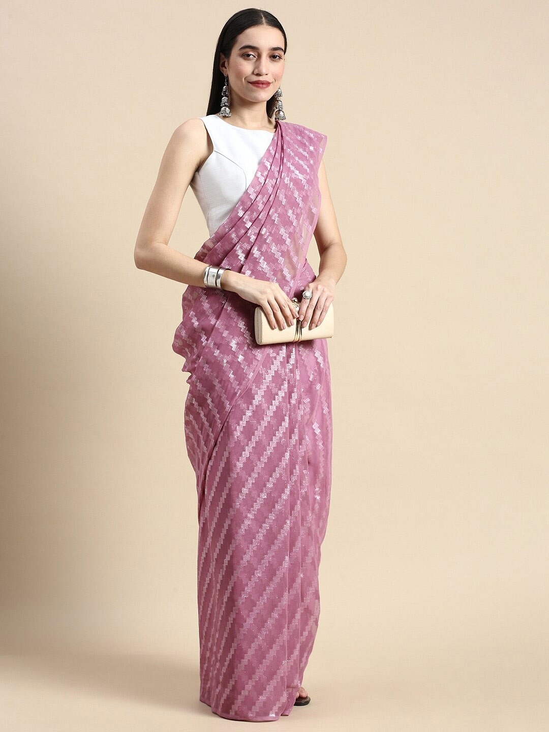 WILORI Purple Striped Zari Saree