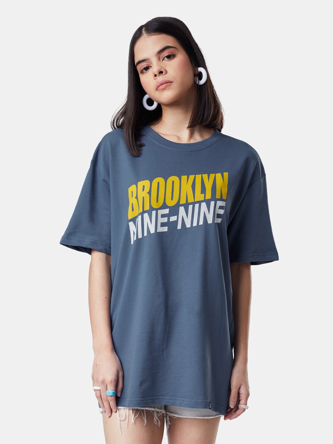 The Souled Store Women Typography Printed Loose Pure Cotton T-shirt, Blue