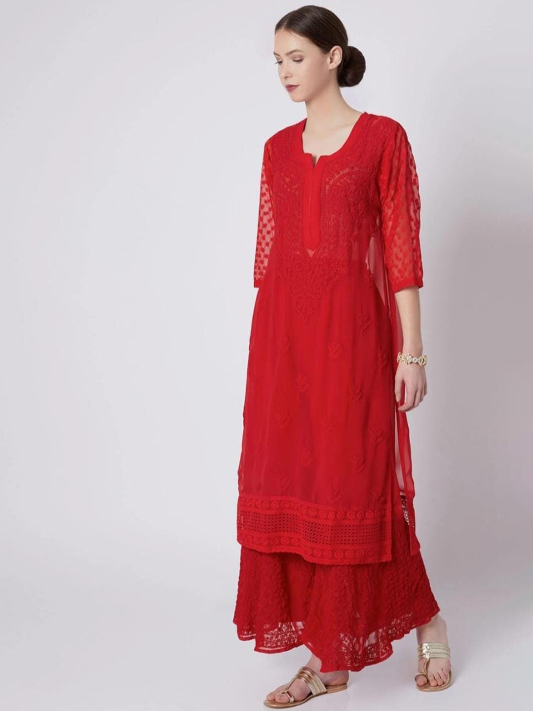 LABEL AISHWARYRIKA Ethnic Motifs Embroidered Chikankari Georgette Kurta with Palazzos, Red
LABEL AISHWARYRIKA Ethnic Motifs Embroidered Chikankari Georgette Kurta with Palazzos, Red