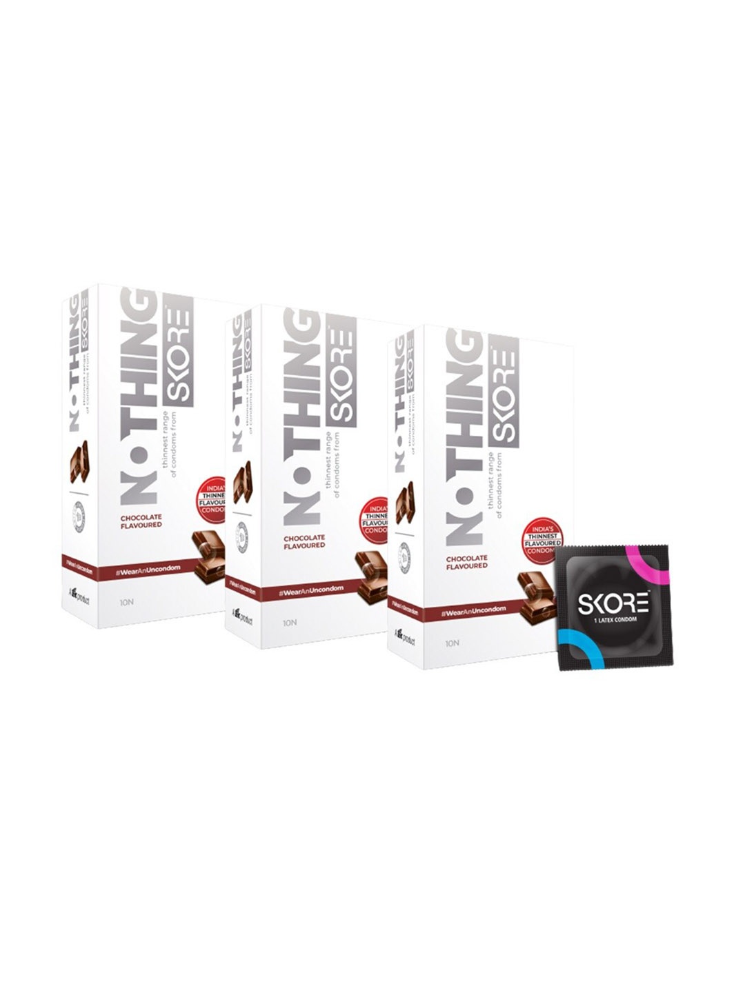 SKORE Men Set Of 3 Nothing Chocolate Flavoured Thinnest Condoms - 10 Pieces Each, Nude
SKORE Men Set Of 3 Nothing Chocolate Flavoured Thinnest Condoms - 10 Pieces Each, Nude