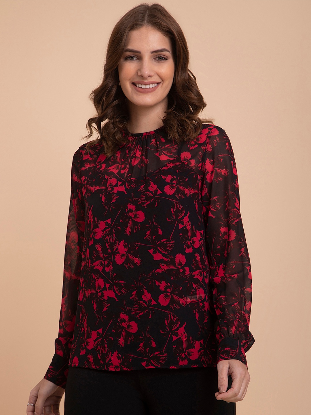 FableStreet Floral Print Halter Neck Georgette Top, Red