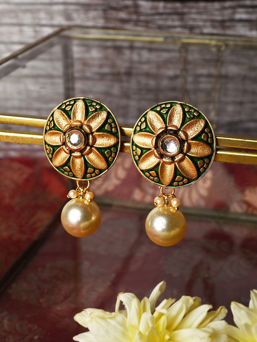 TEEJH Gold-Plated Enamelled Floral Drop Earrings, White