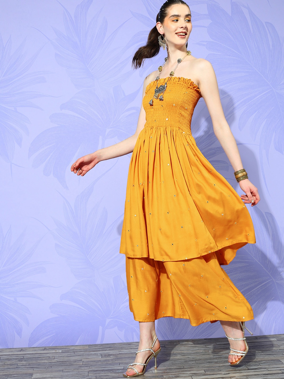 InWeave Women Yellow Embroidered Mirror Work Kurta with Palazzos, Mustard