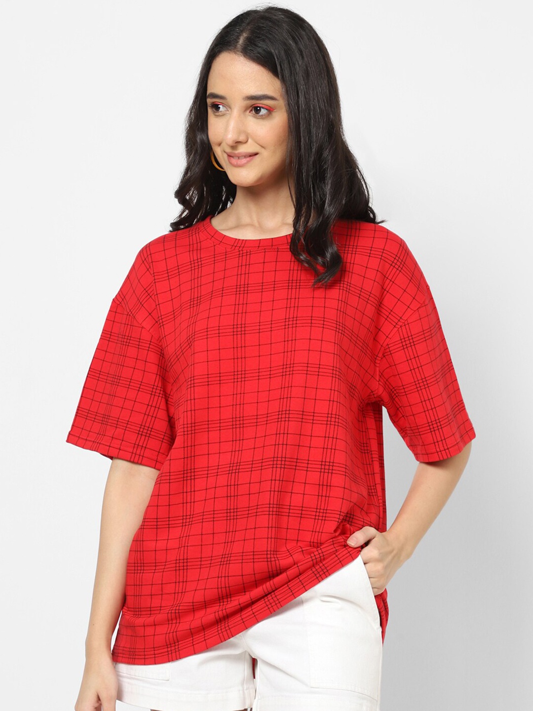 VASTRADO Cotton Checked Oversized T-Shirt, Red