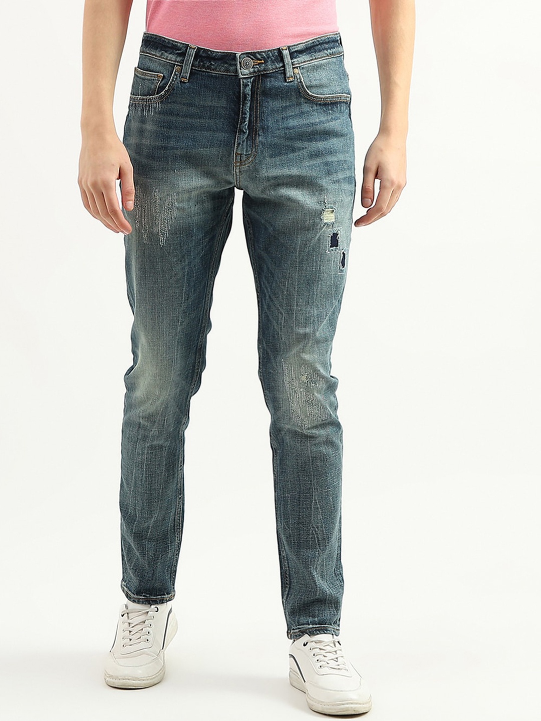 United Colors of Benetton Men Highly Distressed Heavy Fade Jeans, Blue