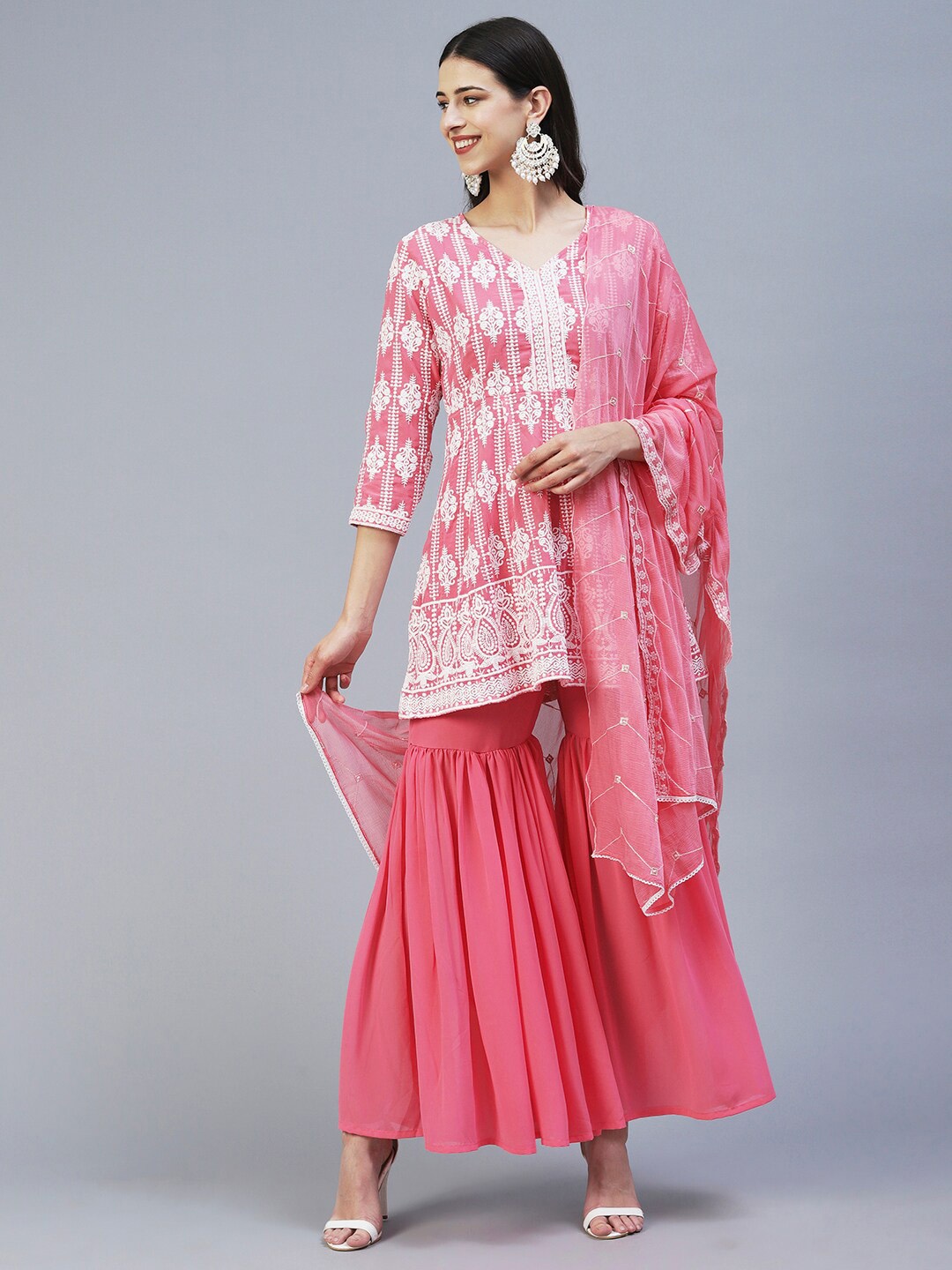 FASHOR Women Ethnic Motifs Embroidered Chikankari Kurta with Sharara & With Dupatta, Pink
FASHOR Women Ethnic Motifs Embroidered Chikankari Kurta with Sharara & With Dupatta, Pink