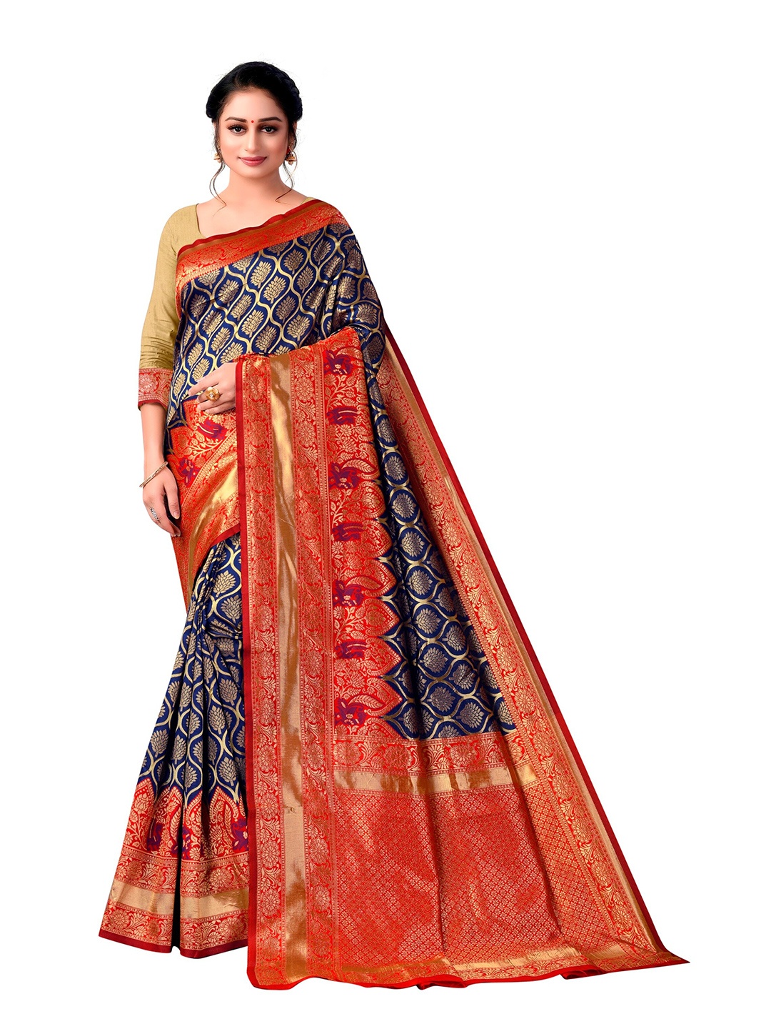 eshami Woven Design Zari Pure Cotton Saree, Navy blue