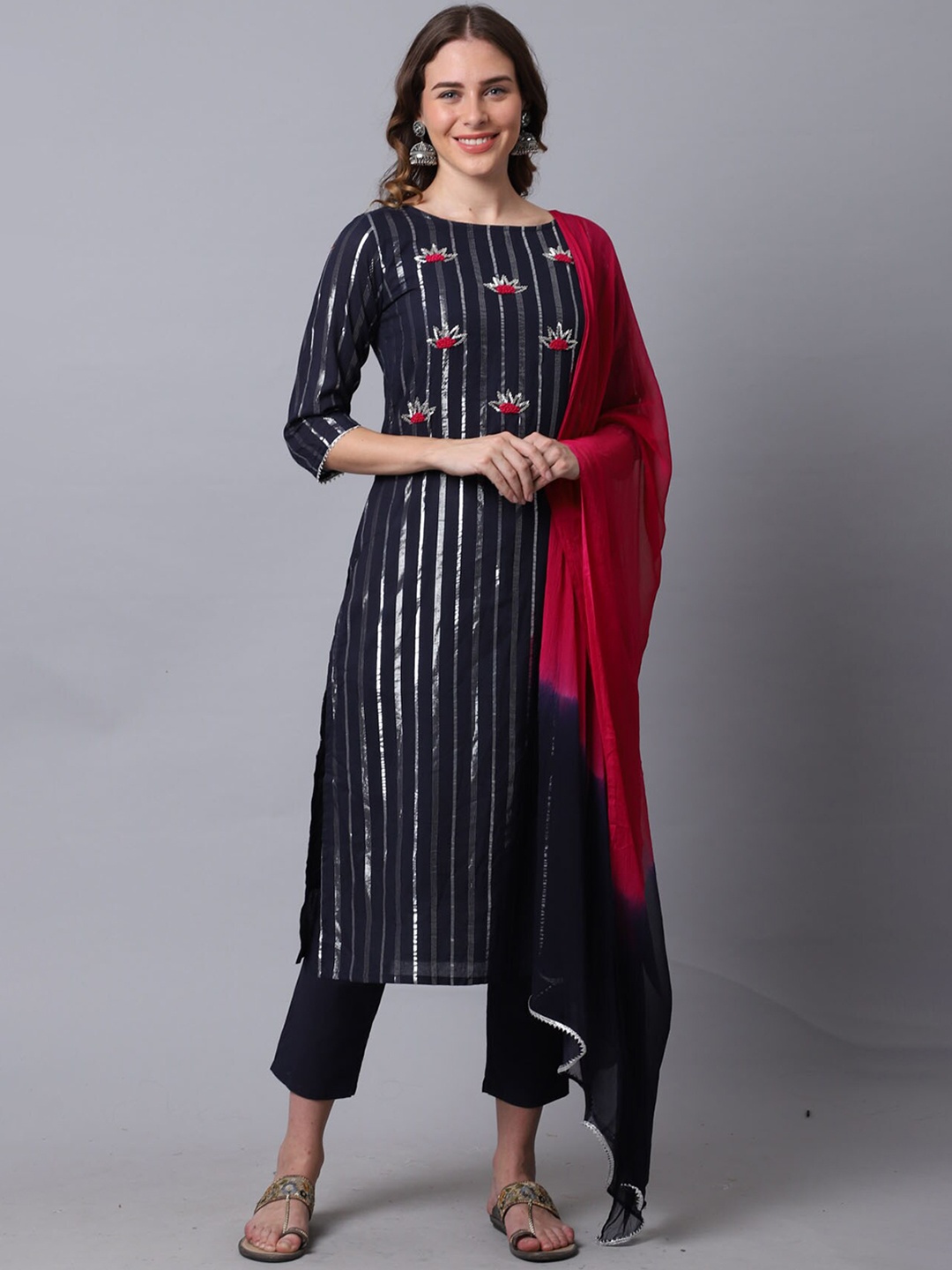 Rajnandini Women Floral Embroidered Gotta Patti Pure Cotton Kurta With Trousers & Dupatta, Navy blue
Rajnandini Women Floral Embroidered Gotta Patti Pure Cotton Kurta With Trousers & Dupatta, Navy blue