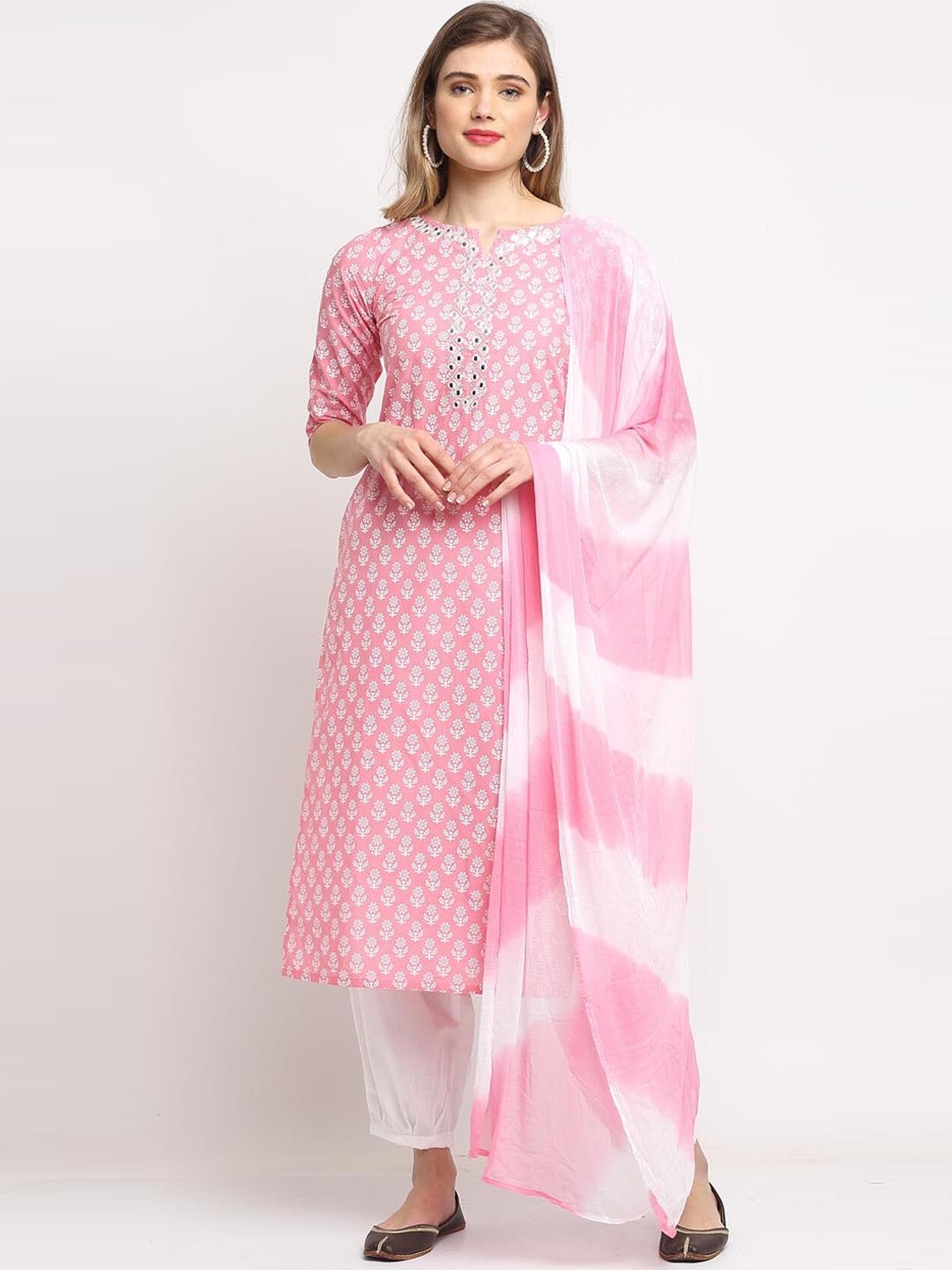 Rajnandini Floral Printed Mirror Work Pure Cotton Kurta with Salwar & With Dupatta, Pink
Rajnandini Floral Printed Mirror Work Pure Cotton Kurta with Salwar & With Dupatta, Pink