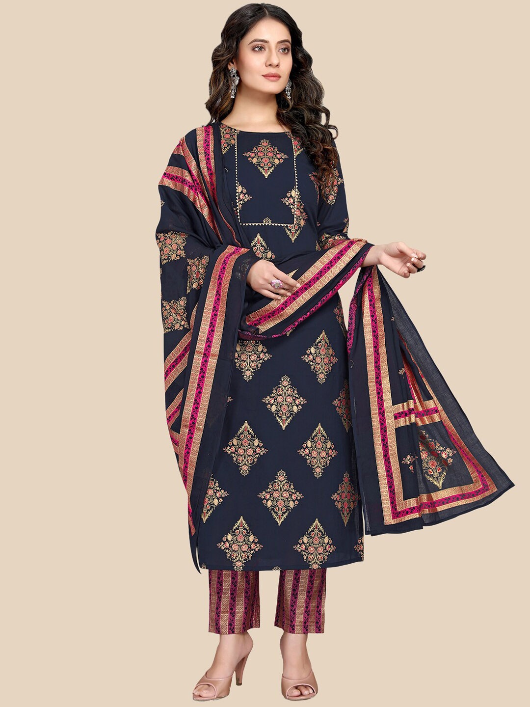 Rajnandini Women Ethnic Motifs Printed Pure Cotton Kurta with Trousers & Dupatta, Navy blue
Rajnandini Women Ethnic Motifs Printed Pure Cotton Kurta with Trousers & Dupatta, Navy blue
