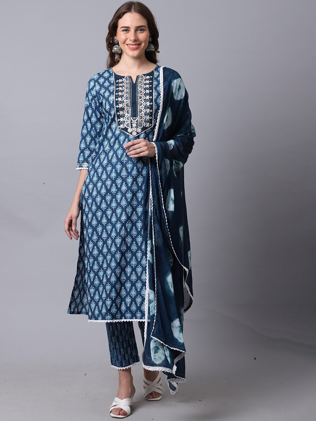 Rajnandini Women Floral Embroidered Pure Cotton Kurta with Trousers & Dupatta, Blue
Rajnandini Women Floral Embroidered Pure Cotton Kurta with Trousers & Dupatta, Blue