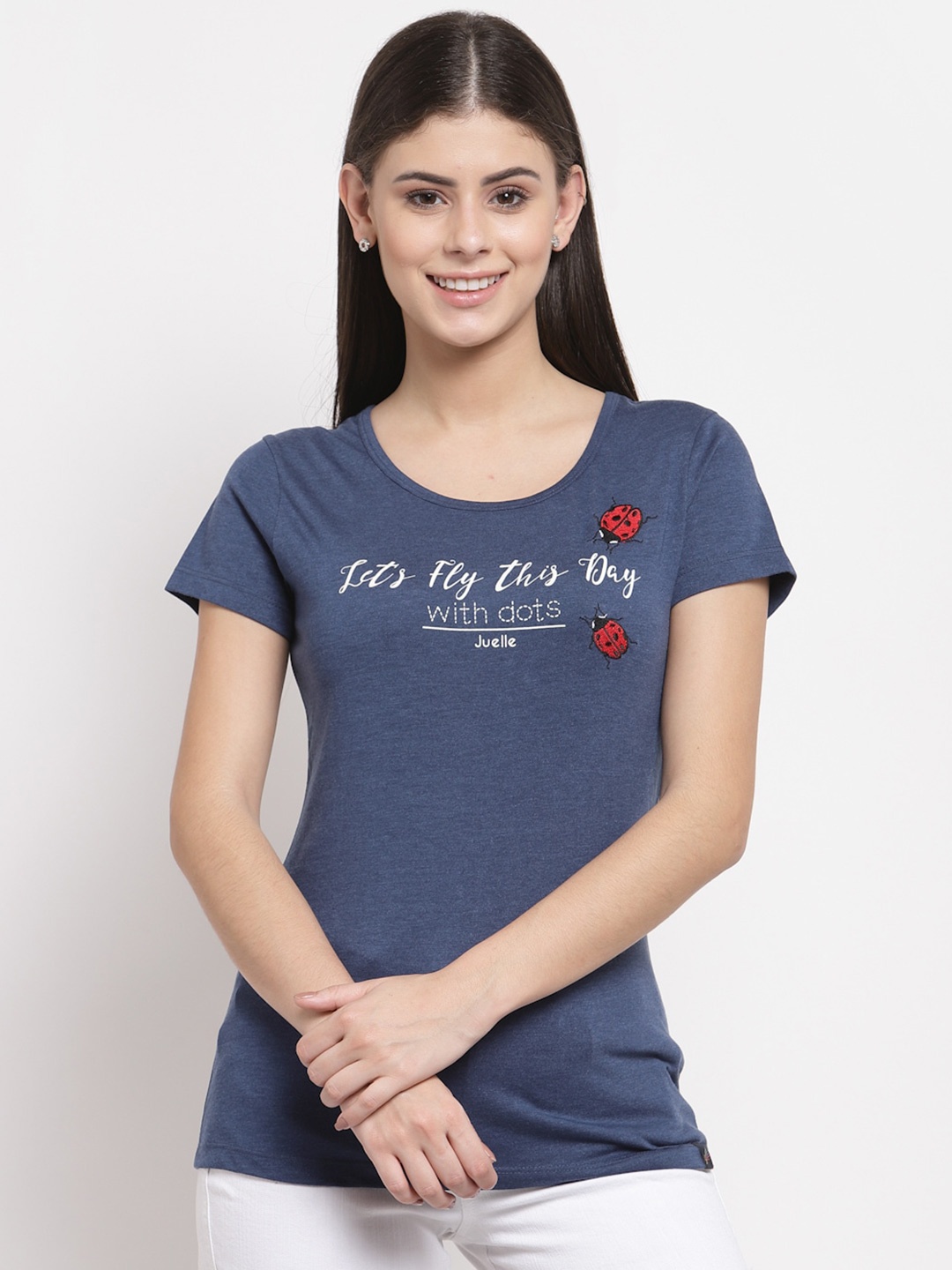 Juelle Women Typography Printed Cotton T-shirt, Blue