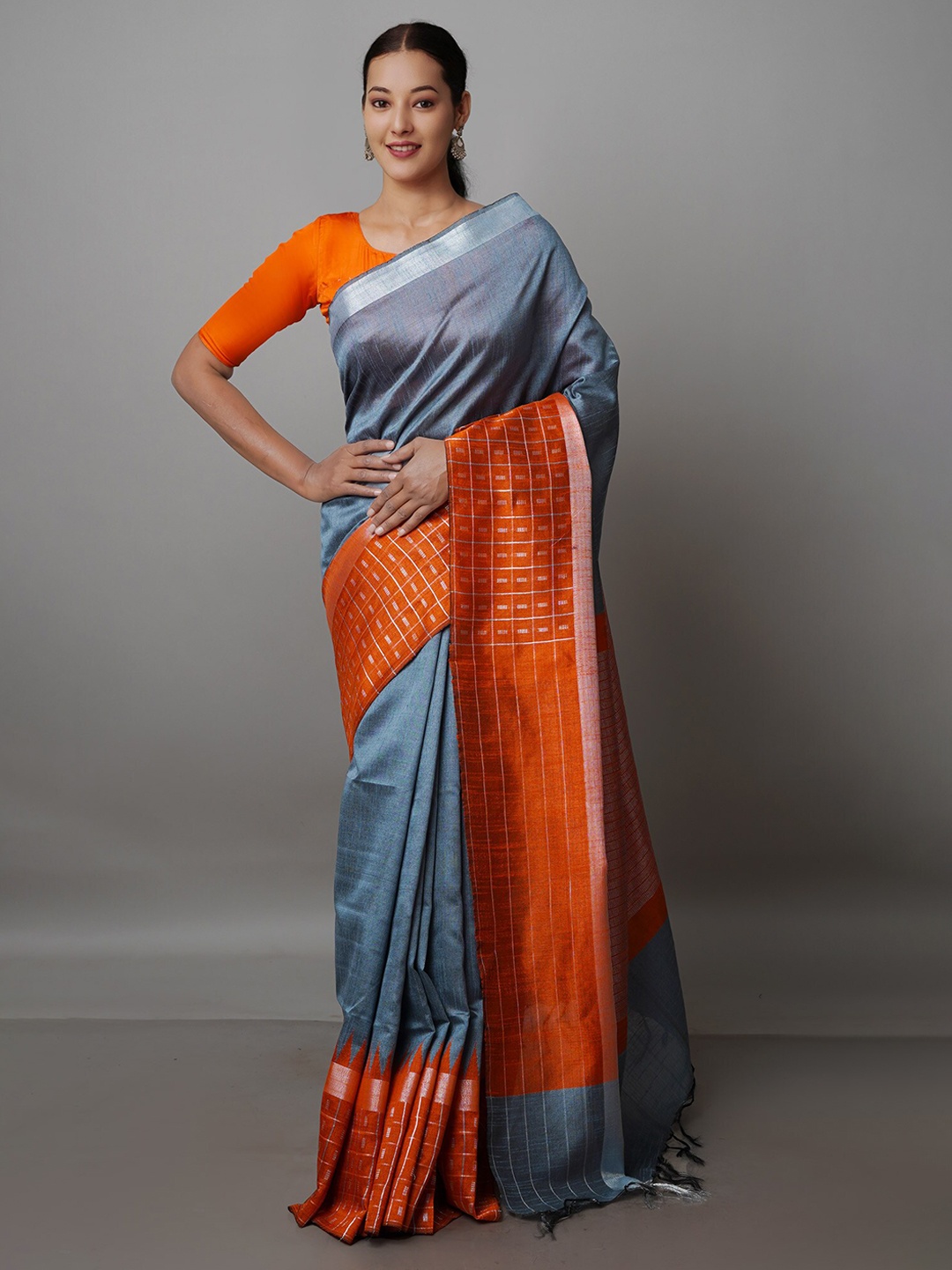 Unnati Silks Zari Silk Blend Bhagalpuri Saree, Grey
