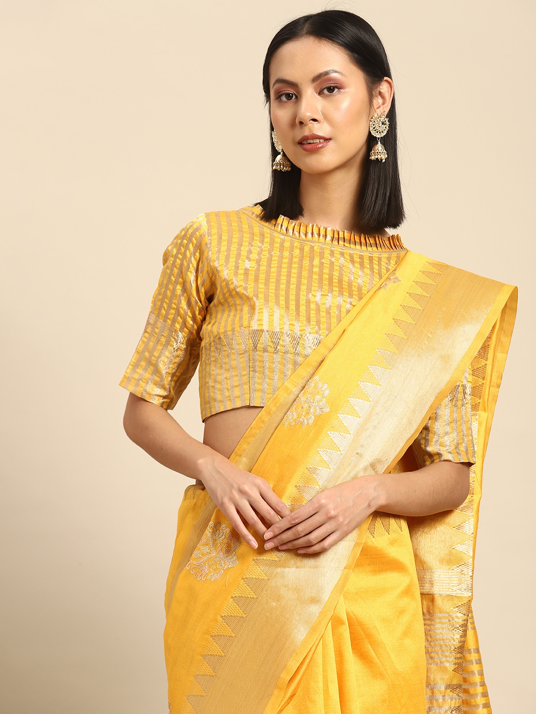 SERONA FABRICS Ethnic Motifs Sequinned Assam Silk Saree, Yellow