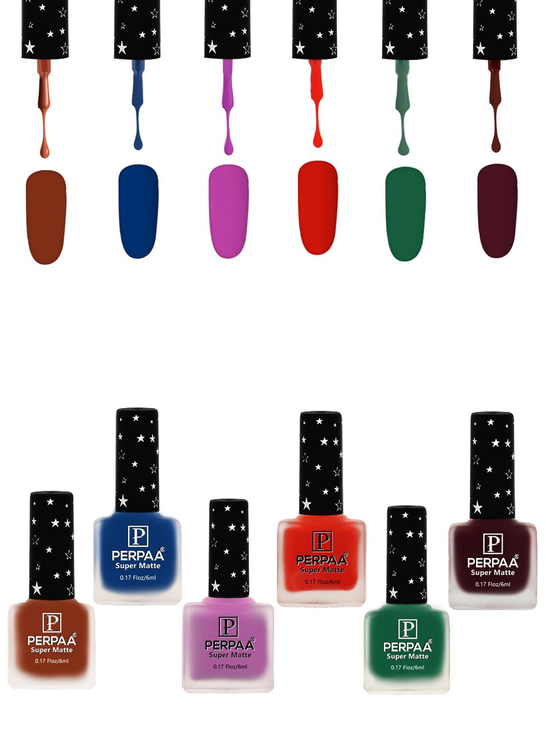 PERPAA Set of 6 Super Matte Quick-Dry & Long Lasting Matte Nail Polish - 6 ml each, Multi
PERPAA Set of 6 Super Matte Quick-Dry & Long Lasting Matte Nail Polish - 6 ml each, Multi