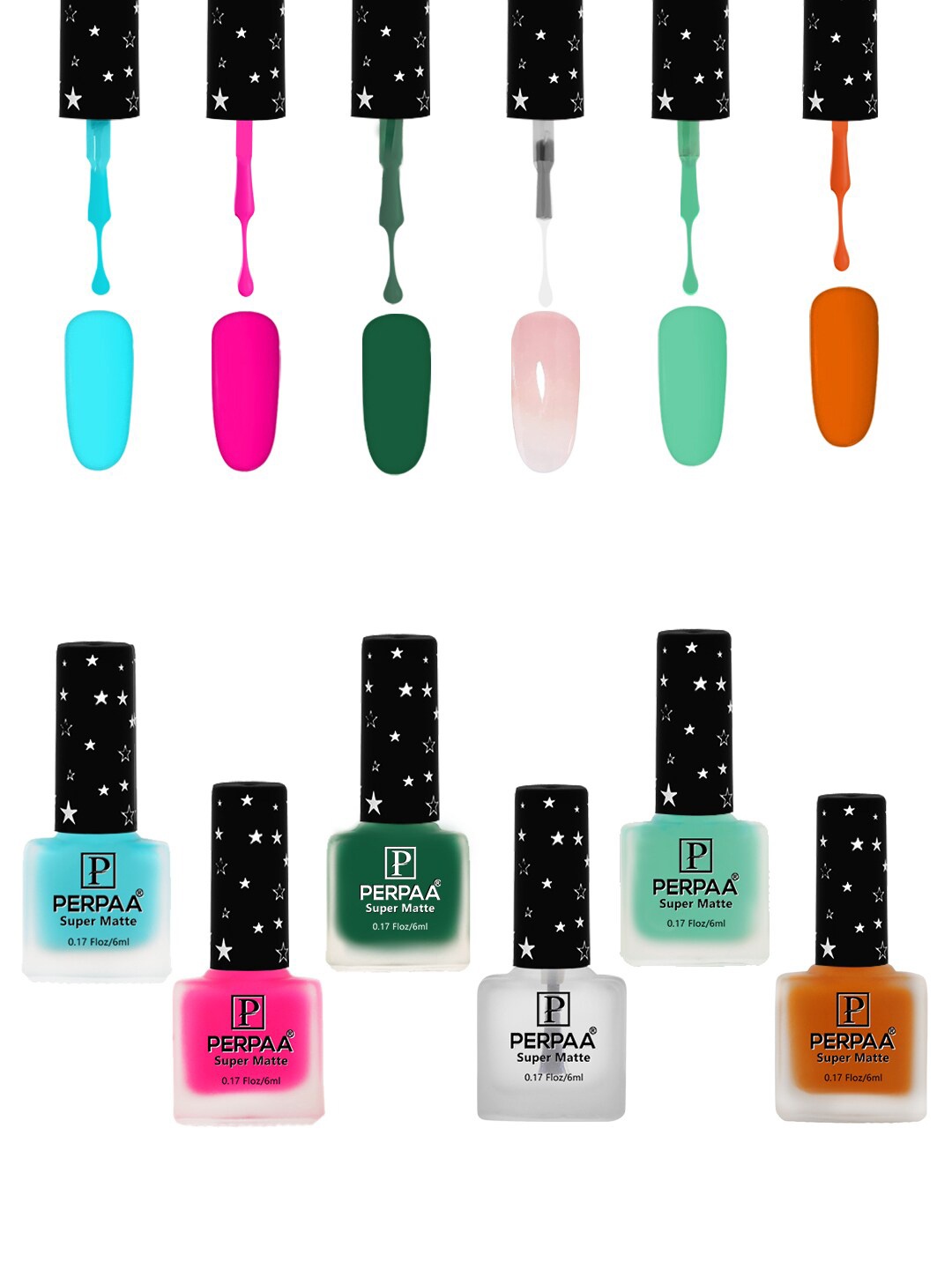 PERPAA Set of 6 Super Matte Quick-Dry & Long Lasting Matte Nail Polish - 6 ml each, Multi
PERPAA Set of 6 Super Matte Quick-Dry & Long Lasting Matte Nail Polish - 6 ml each, Multi