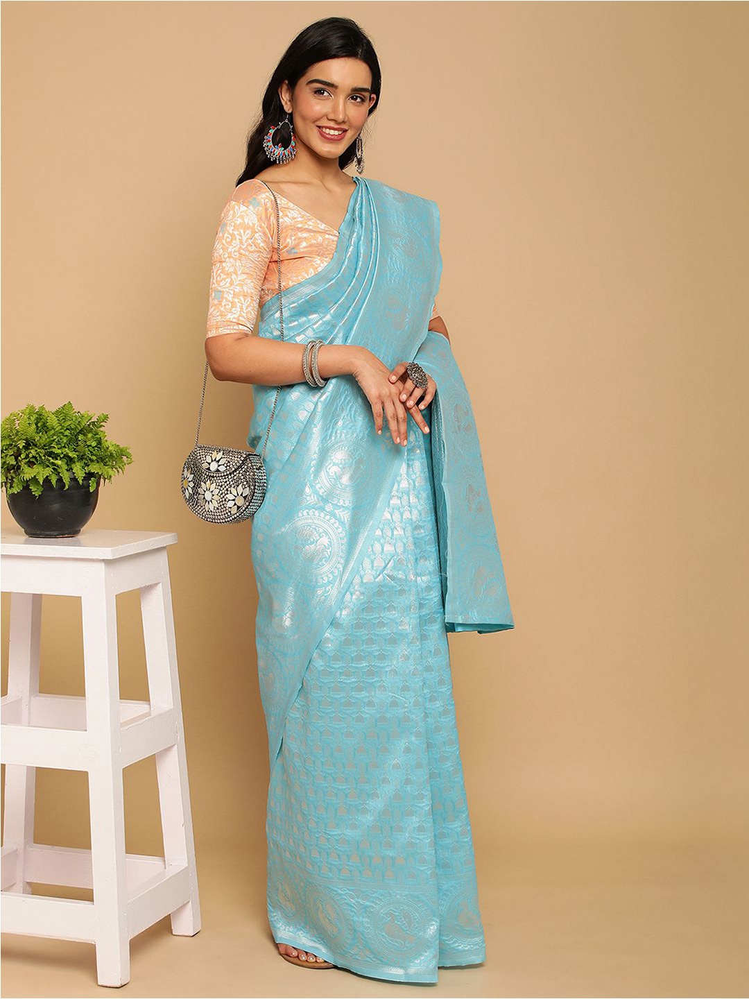 Mitera Woven Design Zari Banarasi Saree, Turquoise blue