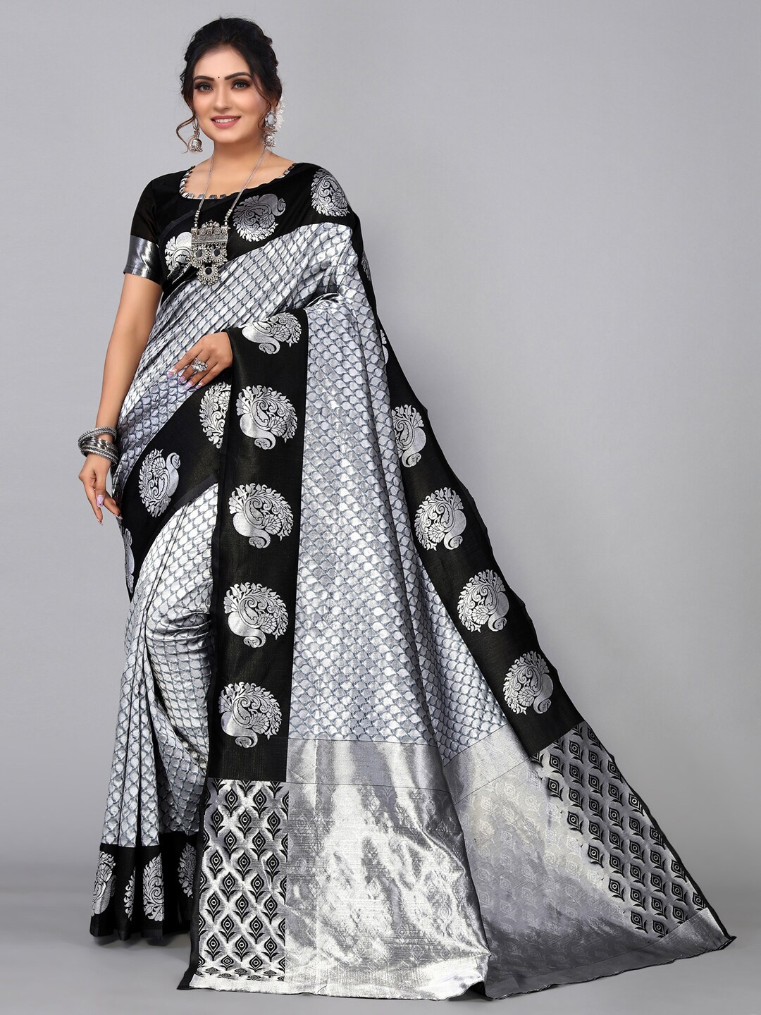 Mitera Woven Design Zari Banarasi Saree, Silver