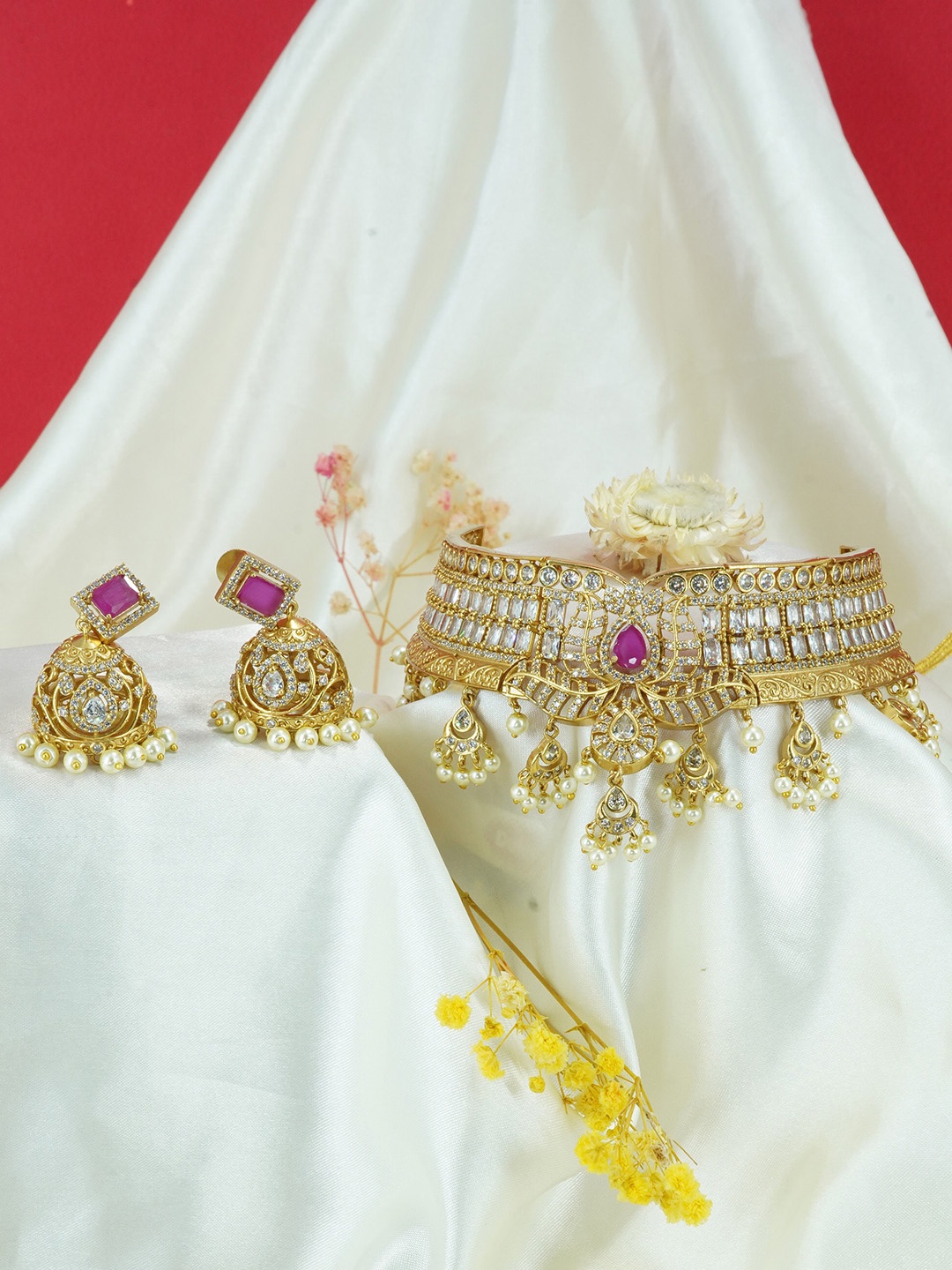 GRIIHAM Gold-Plated CZ Studded & Pearl Beaded Jewellery Set