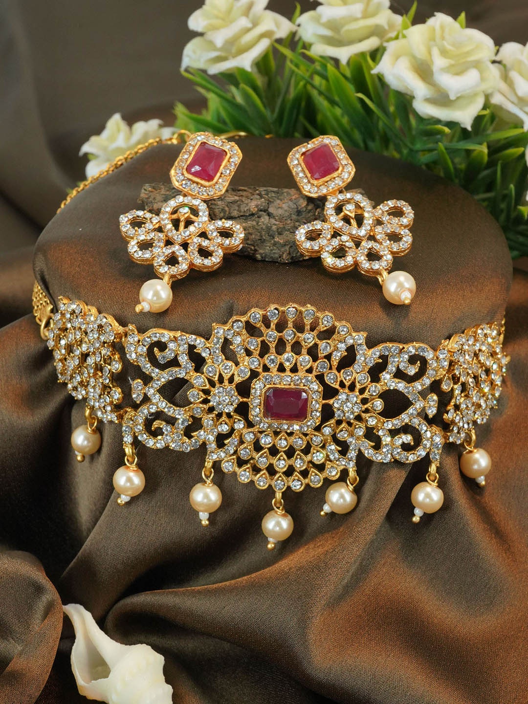 GRIIHAM Gold-Plated AD Studded & Beaded Jewellery Set