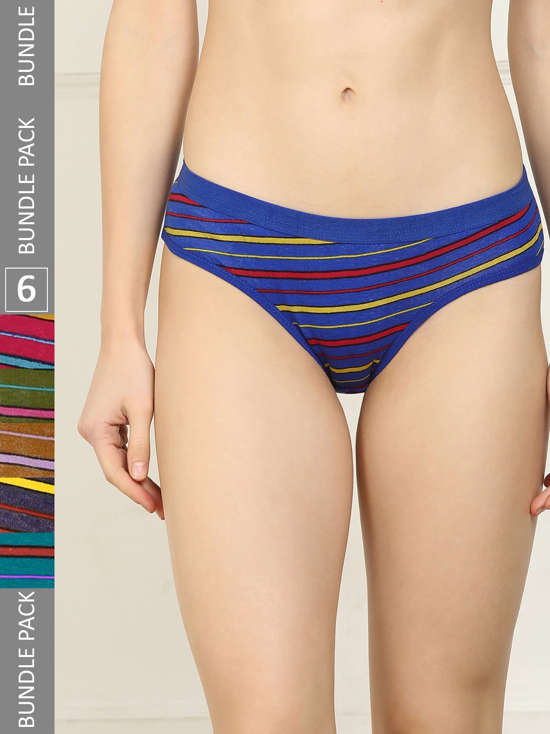 AROUSY Women Pack Of 6 Striped Printed Hipster Briefs, Green