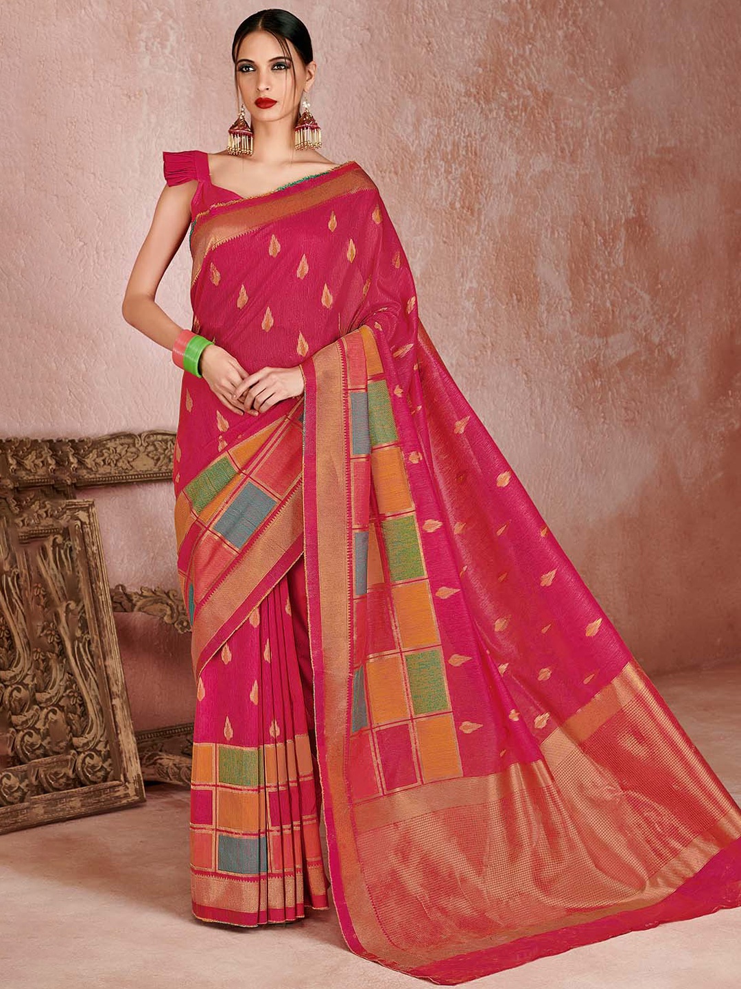 KARAGIRI Zari Linen Blend Saree, Pink
