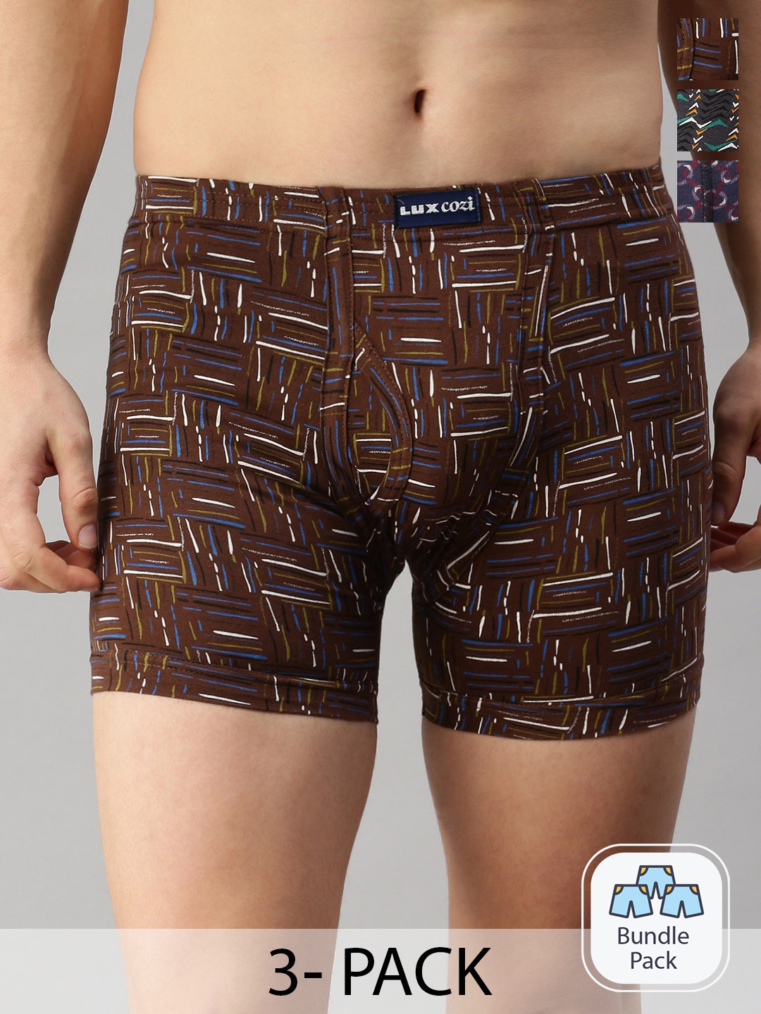 Lux Cozi Men Pack Of 3 Assorted Pure Cotton Mid-Rise Basic Printed Semi-Long Trunk, Navy blue
Lux Cozi Men Pack Of 3 Assorted Pure Cotton Mid-Rise Basic Printed Semi-Long Trunk, Navy blue
