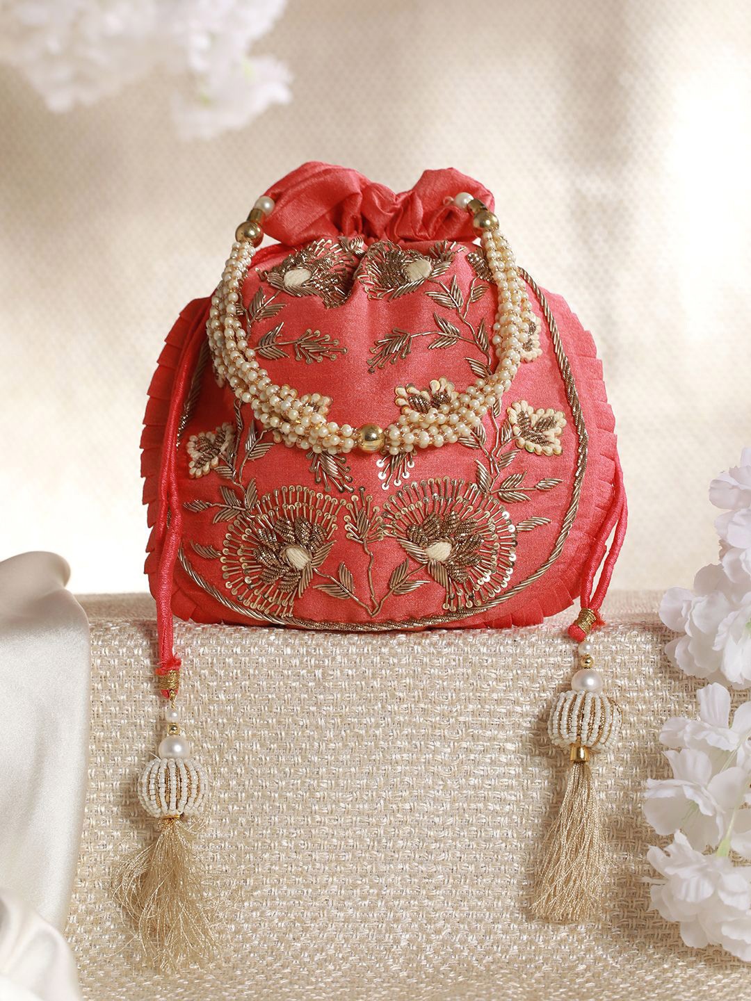 Priyaasi Embellished Potli Clutch, Peach
