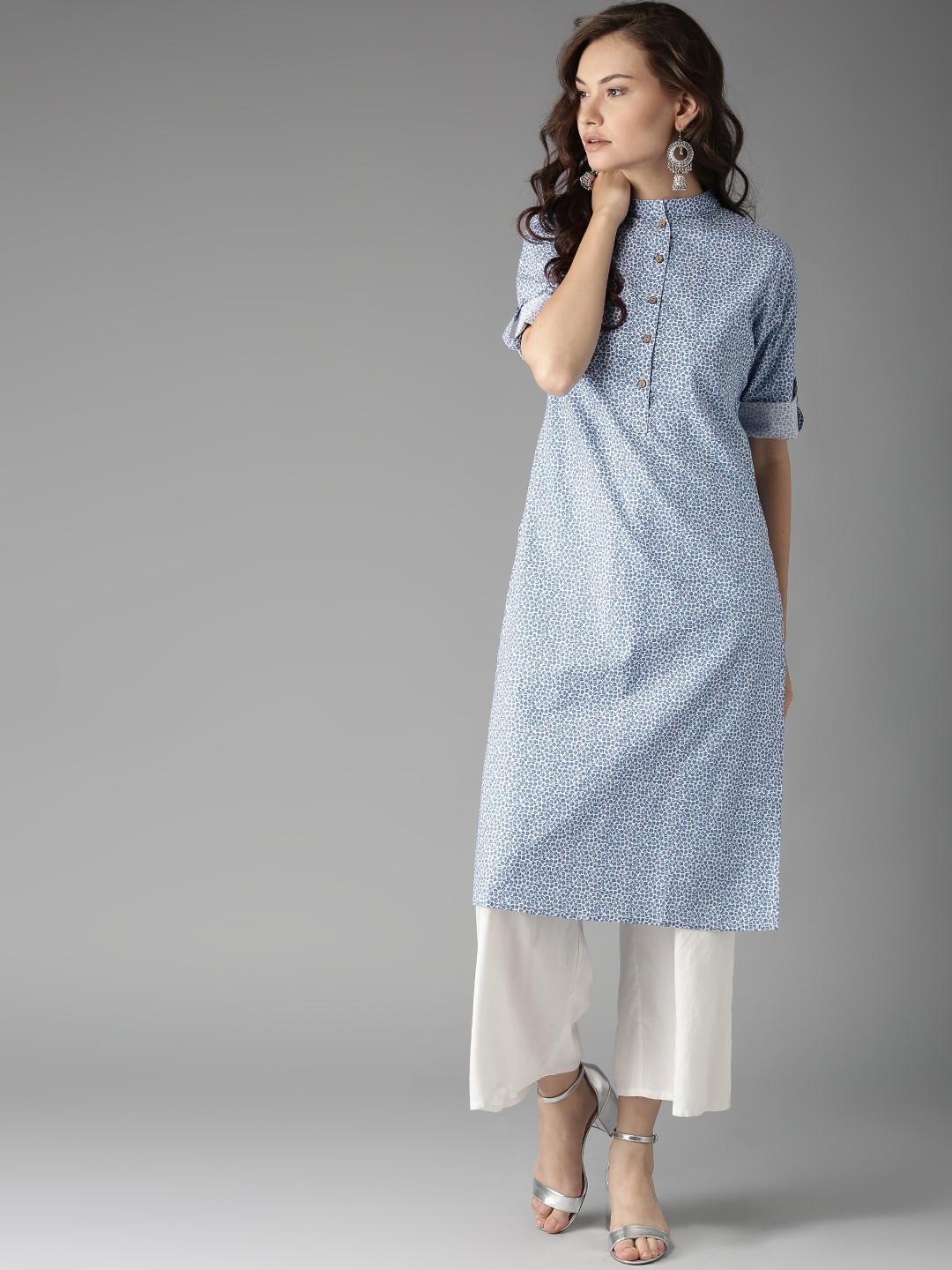 HERE&NOW Women Blue & White Printed Straight Kurta