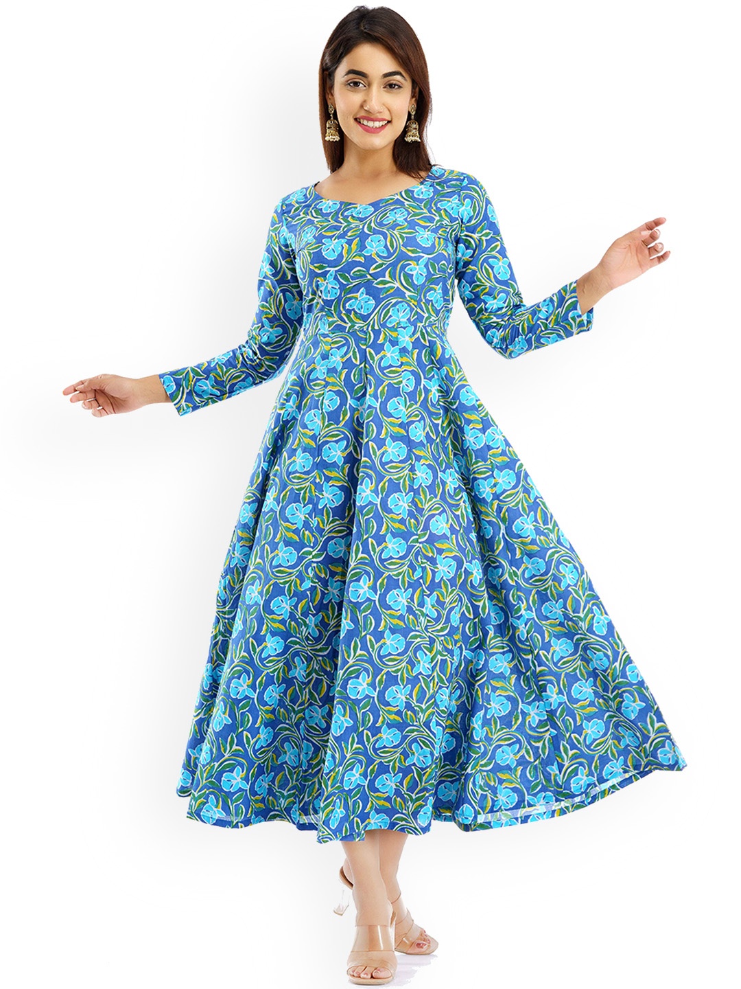 PARCHHAI Floral Printed Round Neck Cotton Kurta, Blue