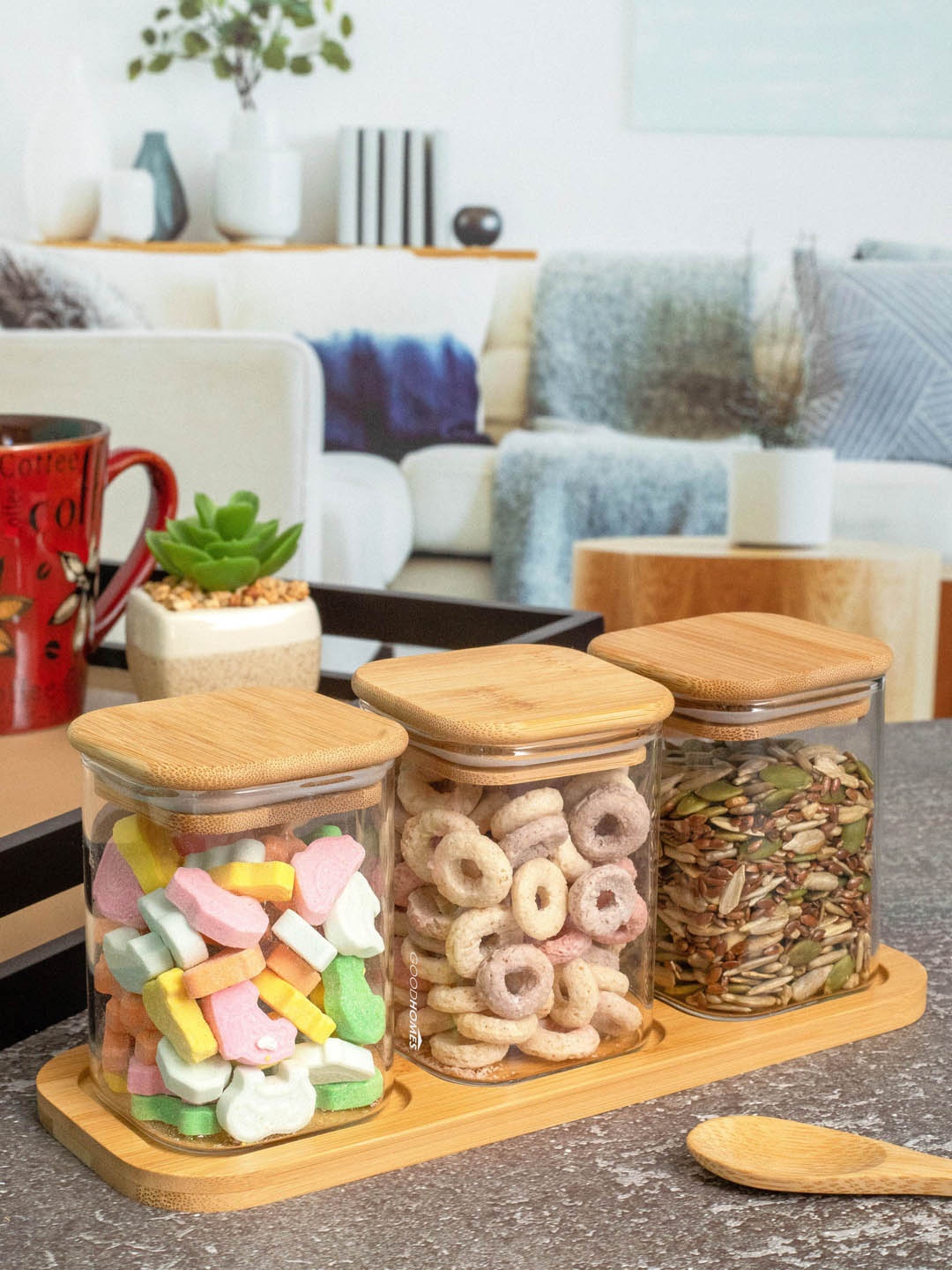 GOODHOMES Transparent Set Of 3 Glass Storage Jars 230 ml Each With Wooden Lid & Tray
GOODHOMES Transparent Set Of 3 Glass Storage Jars 230 ml Each With Wooden Lid & Tray