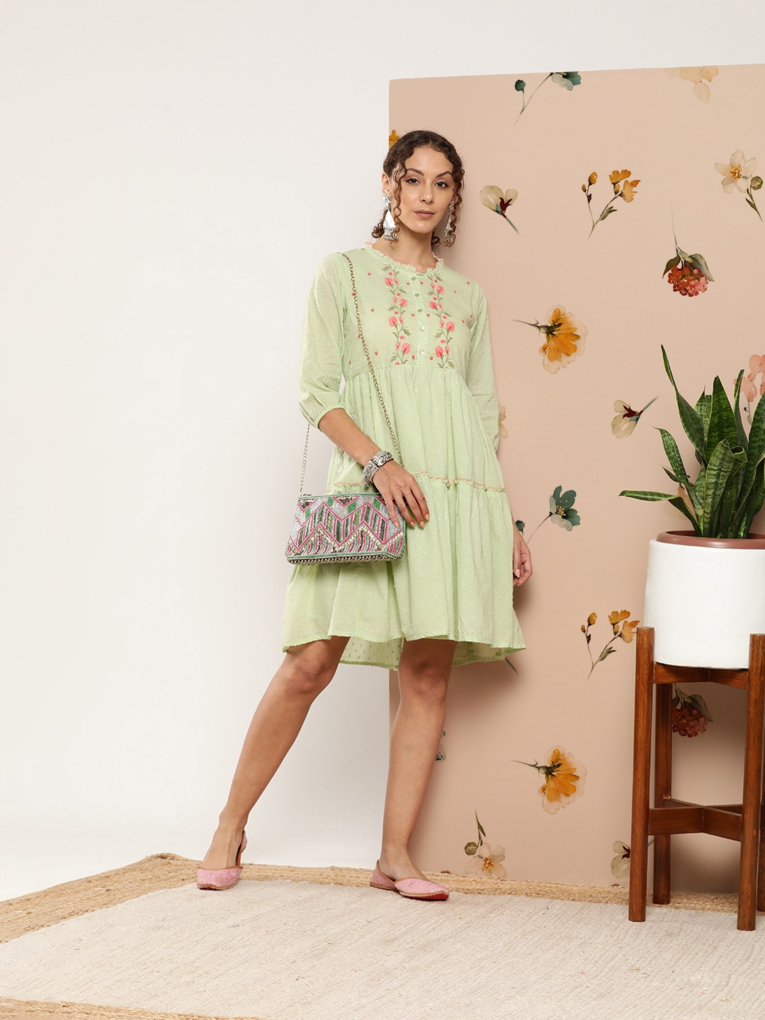 Juniper Floral Embroidered Puffed Sleeves Tiered Dobby Ethnic Dress, Green