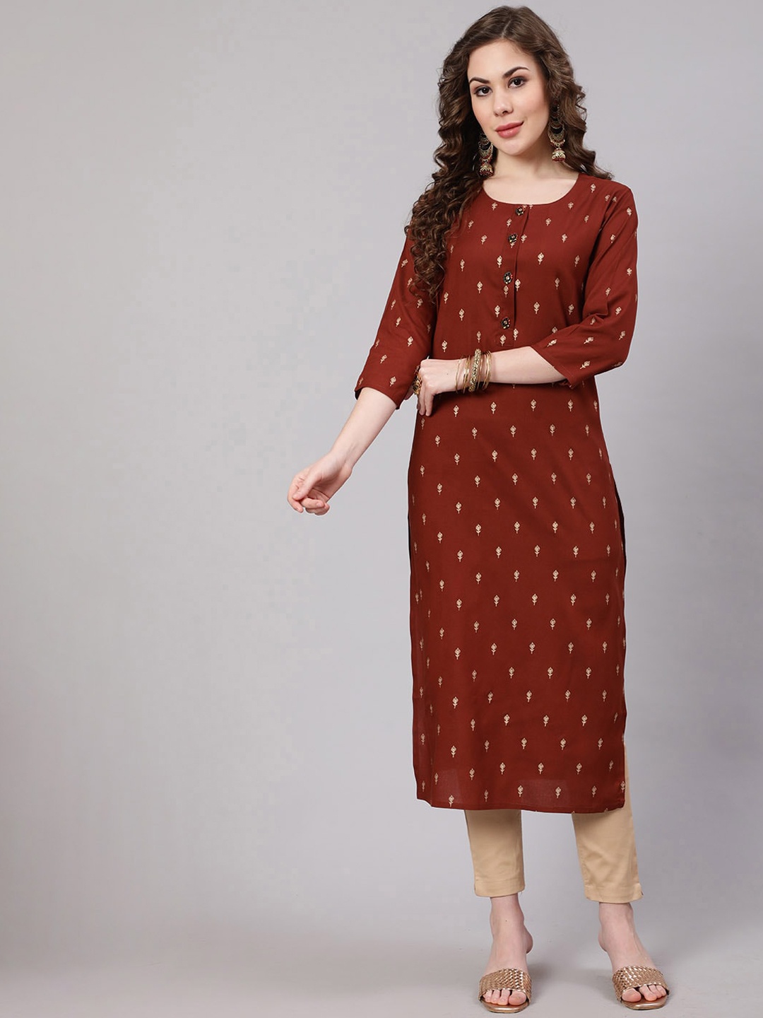 KALINI Women Floral Printed Kurta, Brown