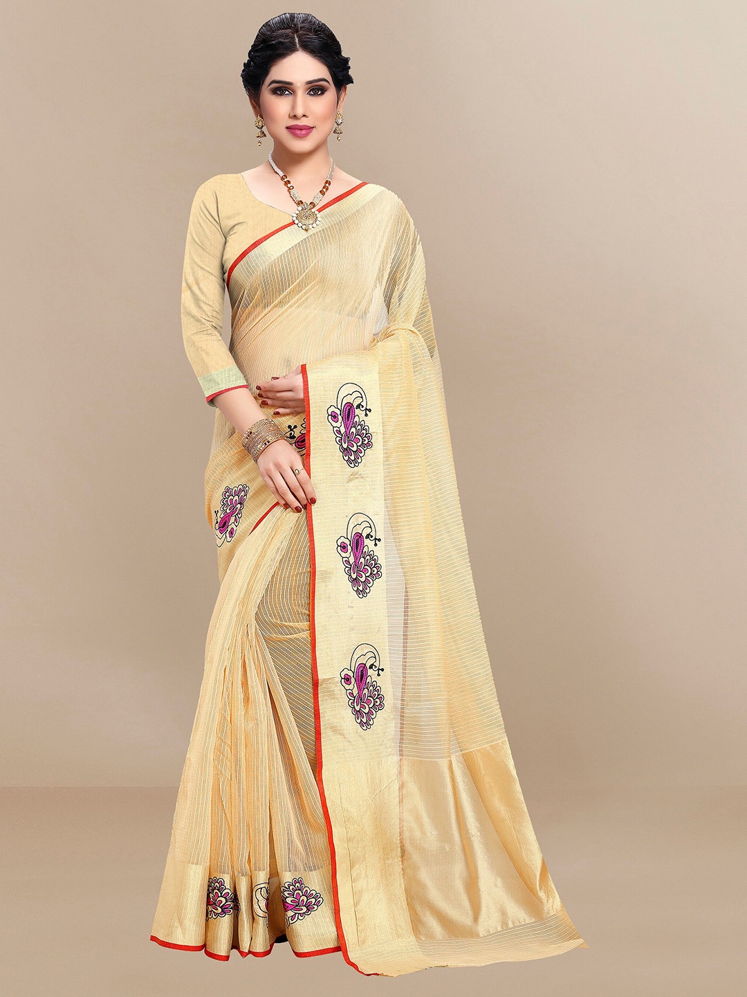 Sidhidata Ethnic Motifs Embroidered Kota Saree, Beige