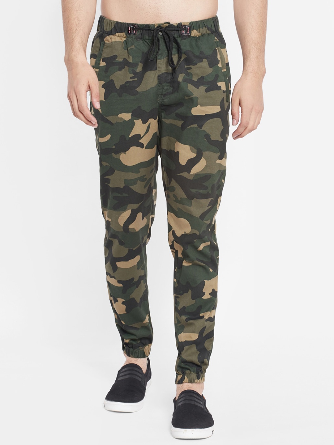 SAPPER Men Pure Cotton Camouflage Printed Slim Fit Joggers Trousers, Green