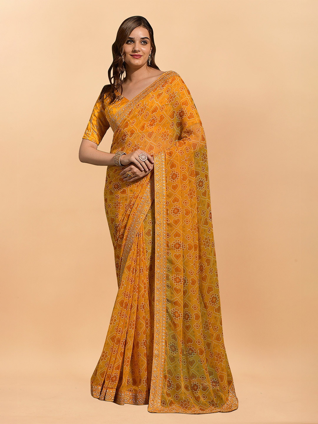 KALINI Ethnic Motifs Embroidered Patola Saree, Yellow