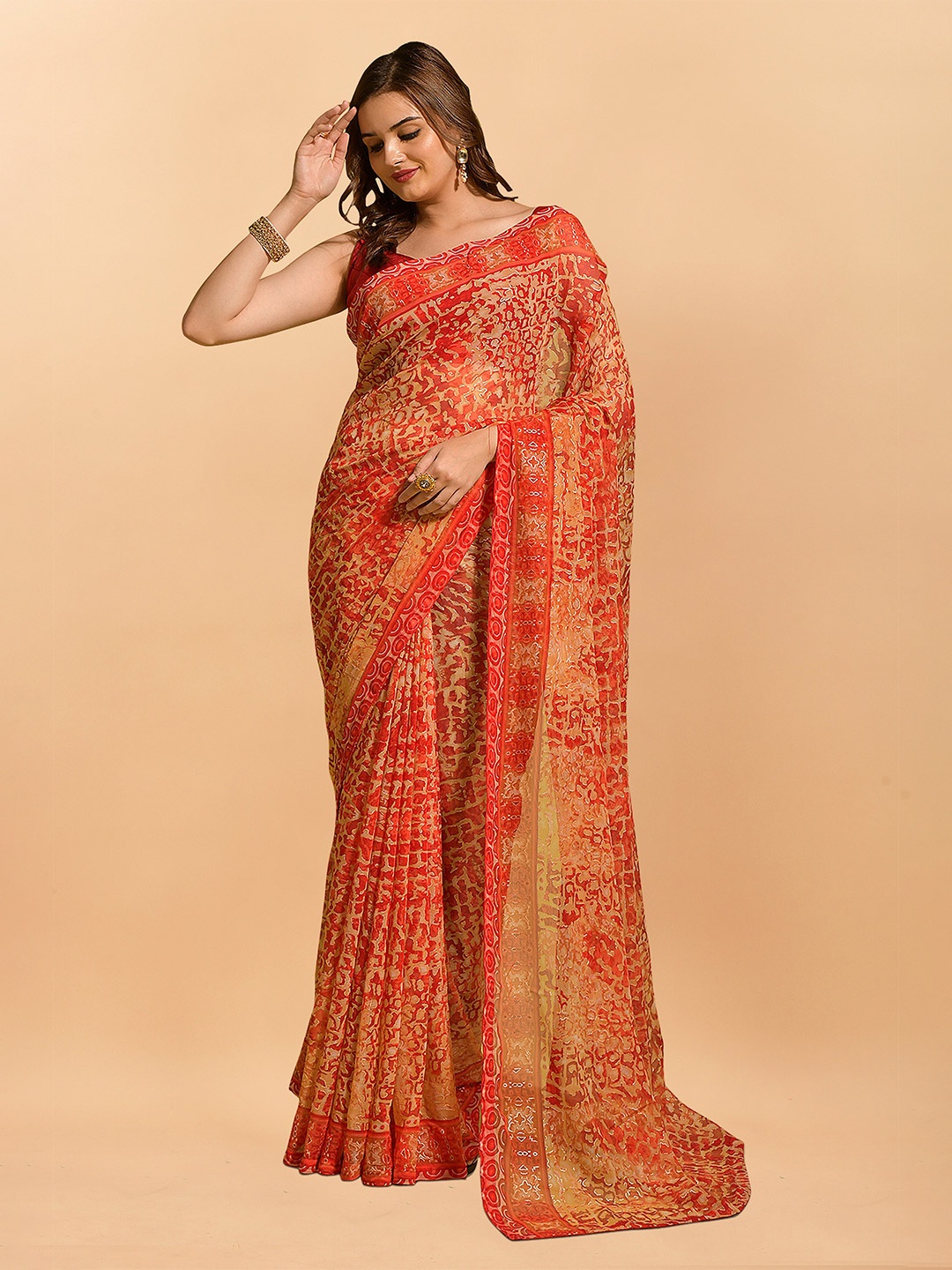 KALINI Printed Pure Chiffon Saree, Red