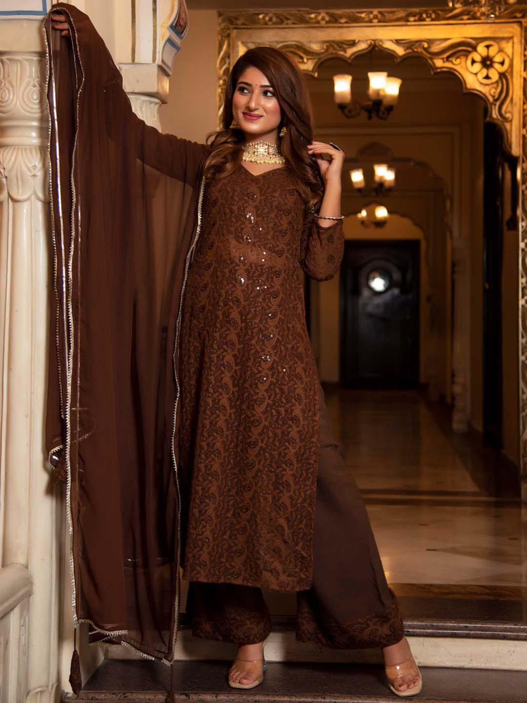 Calmna Women Ethnic Motifs Embroidered Chikankari Kurta with Trousers & With Dupatta, Brown
Calmna Women Ethnic Motifs Embroidered Chikankari Kurta with Trousers & With Dupatta, Brown
