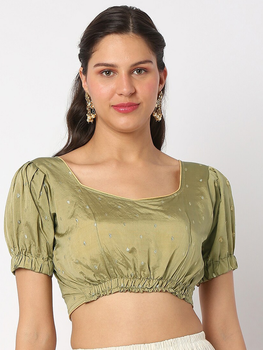 SALWAR STUDIO Printed Back Open Readymade Saree Blouse, Olive
