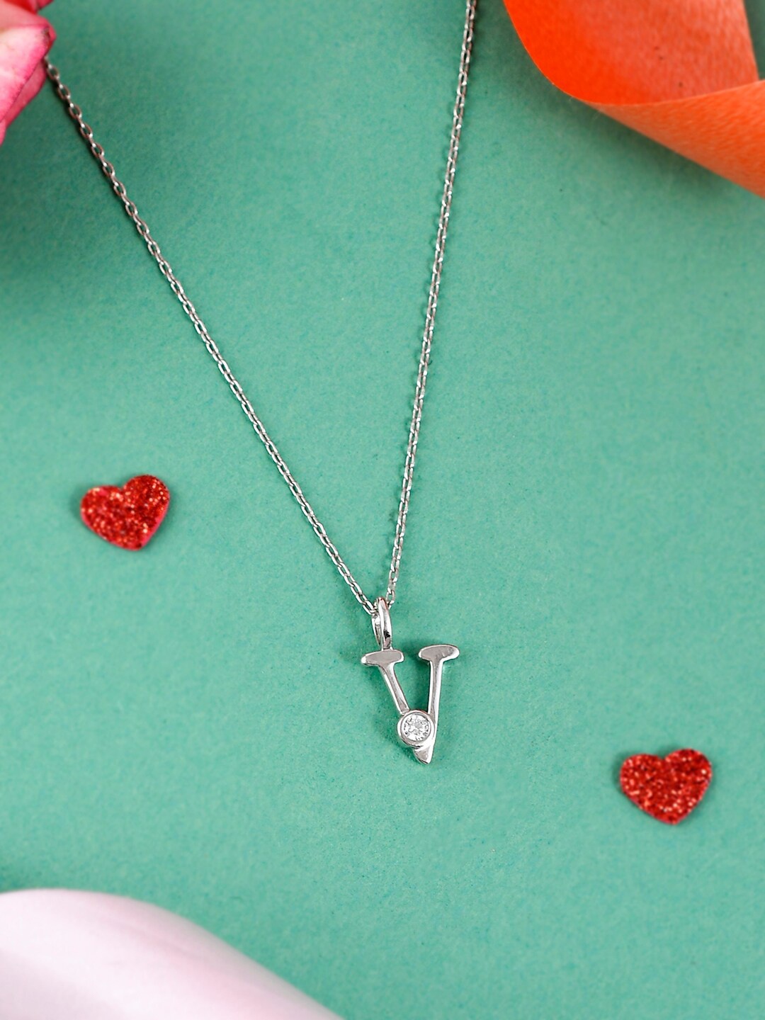 Studio Voylla 925 Sterling Silver-Plated CZ-Studded & Alphabet- V Charm Pendant & Chain
Studio Voylla 925 Sterling Silver-Plated CZ-Studded & Alphabet- V Charm Pendant & Chain